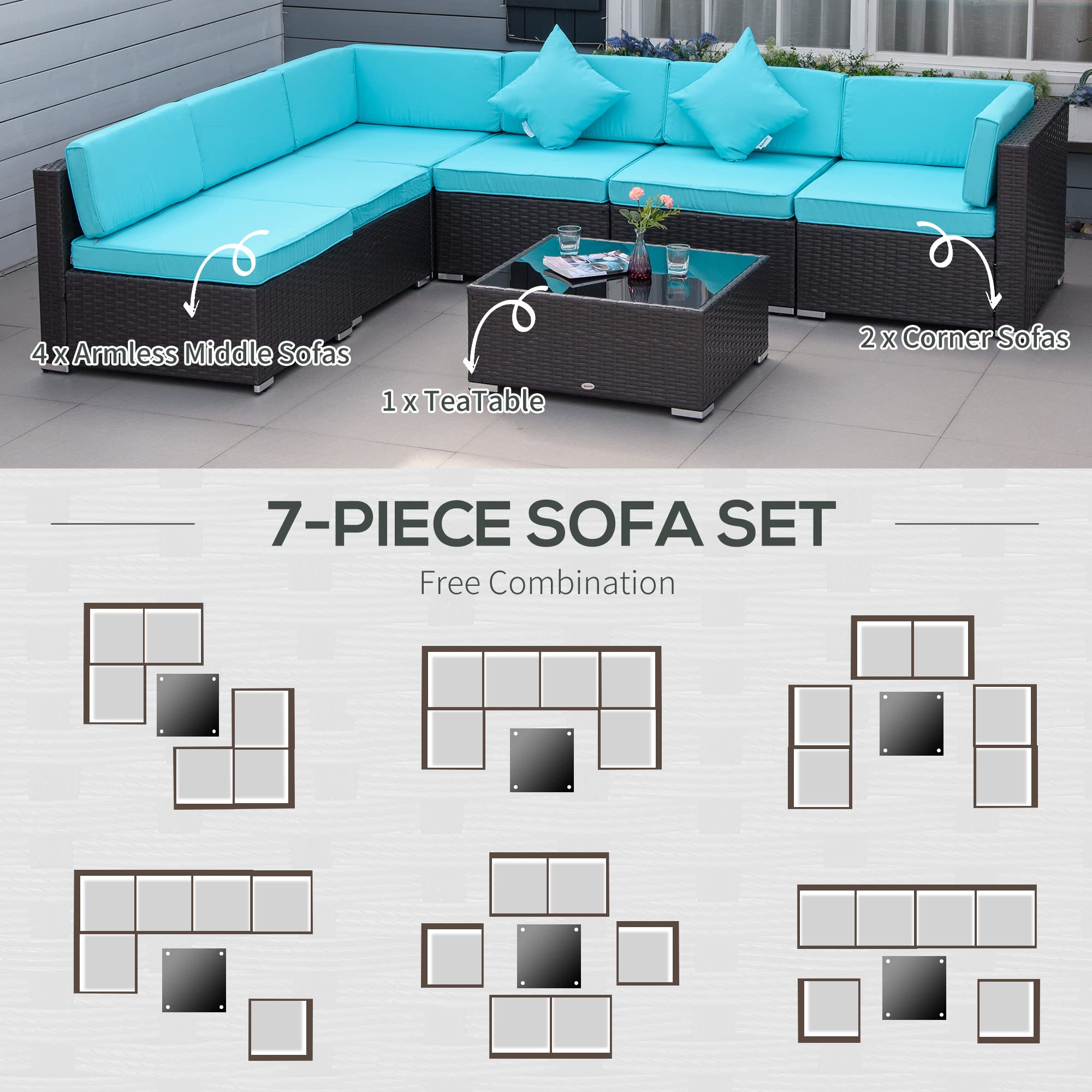 Outsunny 7-Piece All-Weather PE Rattan Patio Furniture Set, Outdoor Wicker Sectional Sofa with Cushions & Tempered Glass Table - Turquoise - Perfect for Garden, Backyard, Poolside & Patio Relaxation