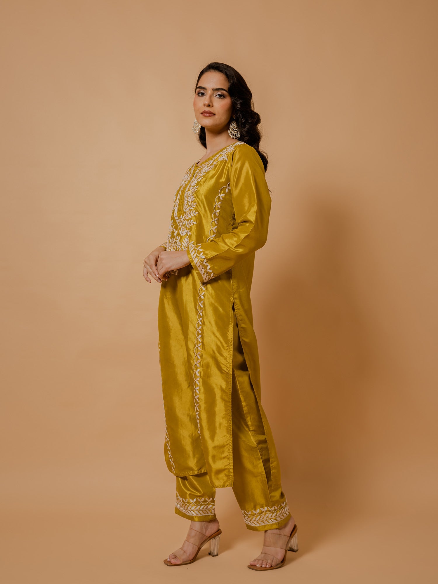 Elegant Saba Silk Chikankari Kurta Set for Women - Mustard Yellow | Traditional Indian Ethnic Wear for Festivals, Weddings & Special Occasions