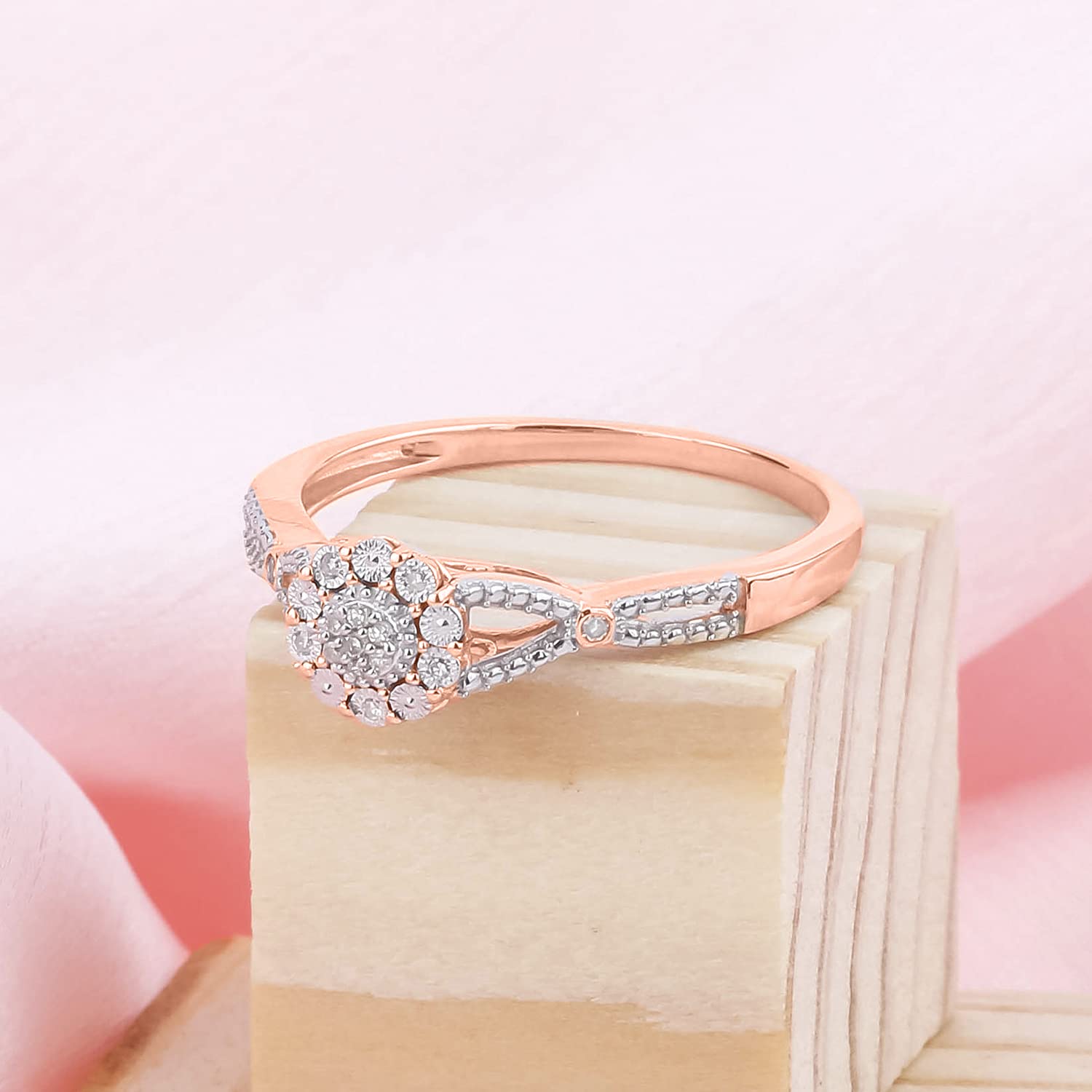 1/20cttw Diamond Cluster Promise Ring for Women - 925 Sterling Silver, Yellow Gold-Plated or Rose Gold-Plated - Round White Diamond Halo Floral Engagement Ring - Perfect for Anniversaries, Proposals & Special Occasions