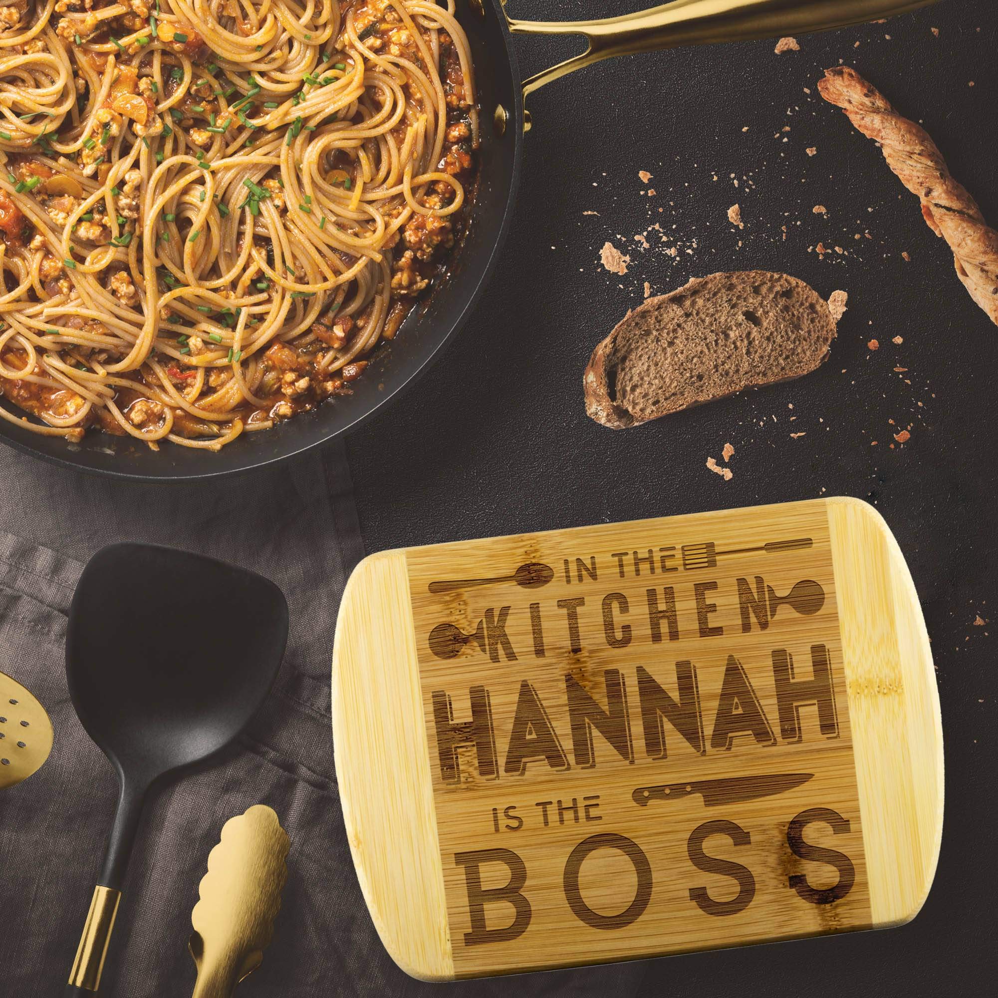 Funny Kitchen Cutting Board - Unique Mothers Day Gift, Bamboo Engraved 'Hannah Is The Boss' Design, Perfect for Cooking, Baking, and Home Decor