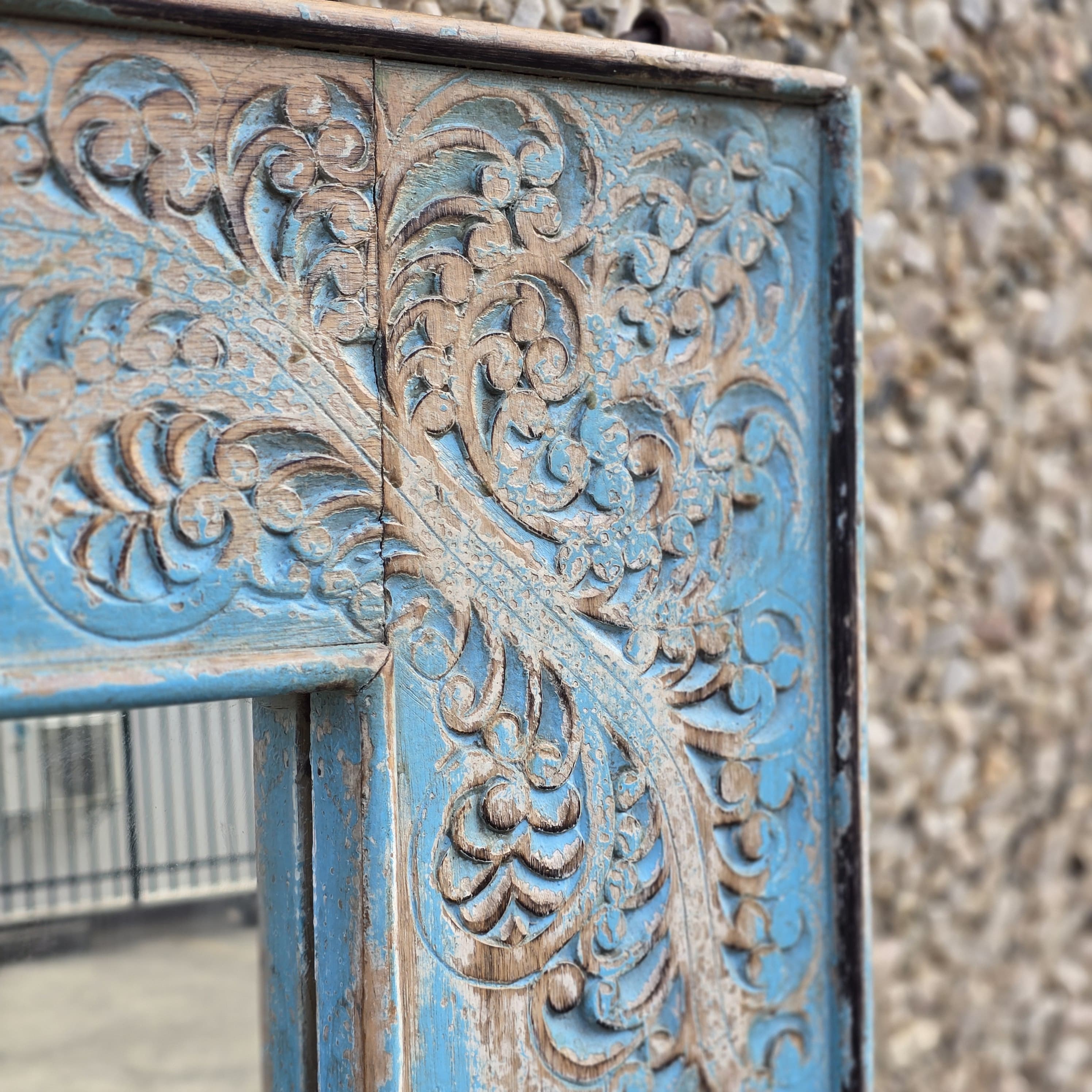 Handcrafted Floral Carved Solid Wood Indian Furniture Mirror Frame - Rustic Blue Home Decor for Living Room, Bedroom & Entryway