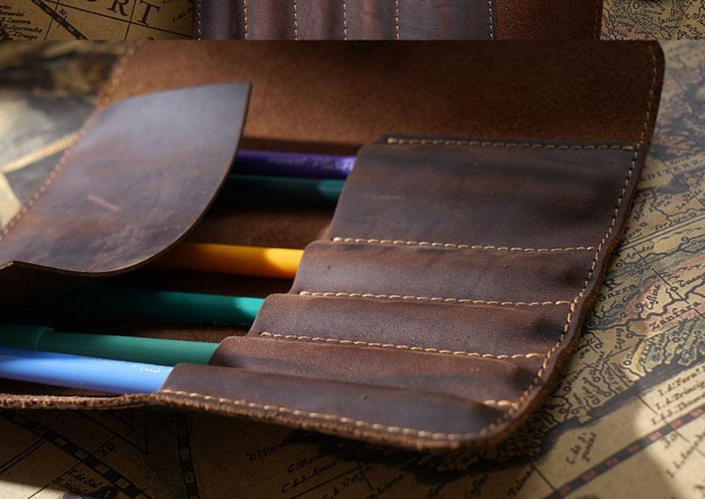 Personalized Brown Leather Pencil Roll Holder - Custom Name Engraved Pouch for Artists & Students - Perfect for School, Office & Travel Organization