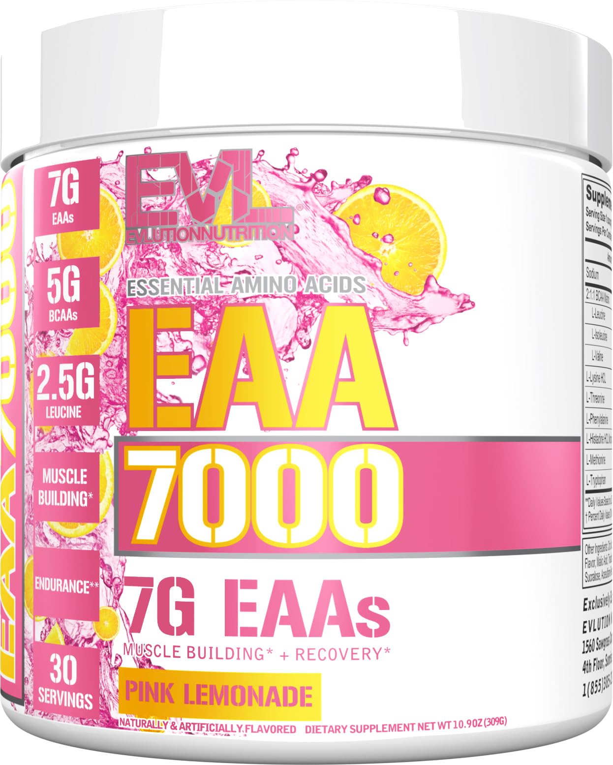 EVLution Nutrition EAA 7000 Essential Amino Acids Powder - Pink Lemonade Flavor, 309g for Muscle Recovery & Workout Energy | Pre & Post Workout Supplement for Athletes & Fitness Enthusiasts