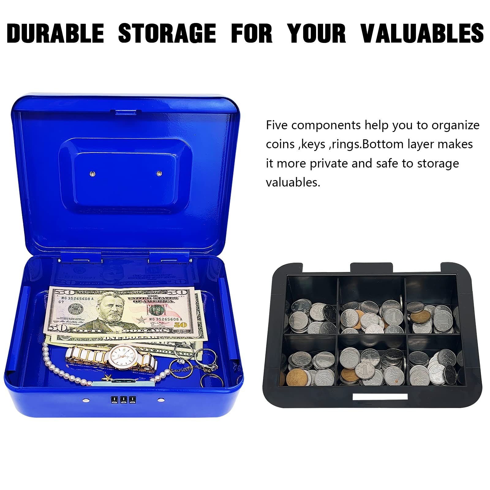 Heavy Duty Steel Cash Box with 4-Digit Combination Lock - Portable Metal Money Organizer with Removable Tray & Locking Cover - Secure Cash Storage Box for Home, Office, Retail (Blue, 7.9