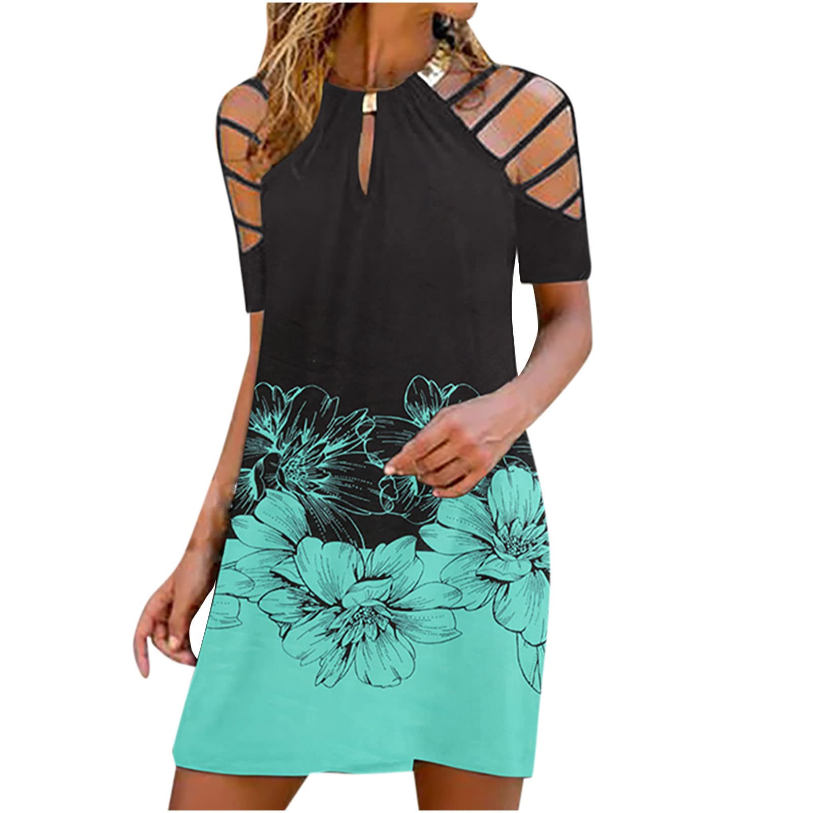 Usupdd Women's Boho Mini Dress - Sleeveless Halter Neck Cold Shoulder T-Shirt Dress for Beach, Casual & Summer Outfits | Sexy Sundress for Vacation, Party & Date Night