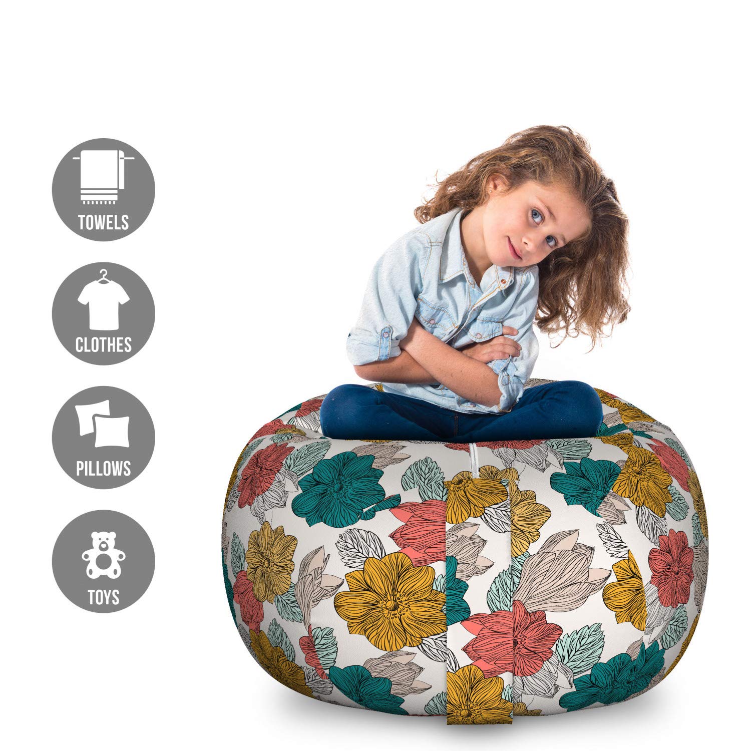 Ambesonne Floral Storage Toy Bag Chair - Pastel Flower Design, Large Washable Stuffed Animal Organizer for Kids Room, Nursery & Playroom | Perfect for Toy Storage, Reading Nook & Home Decor
