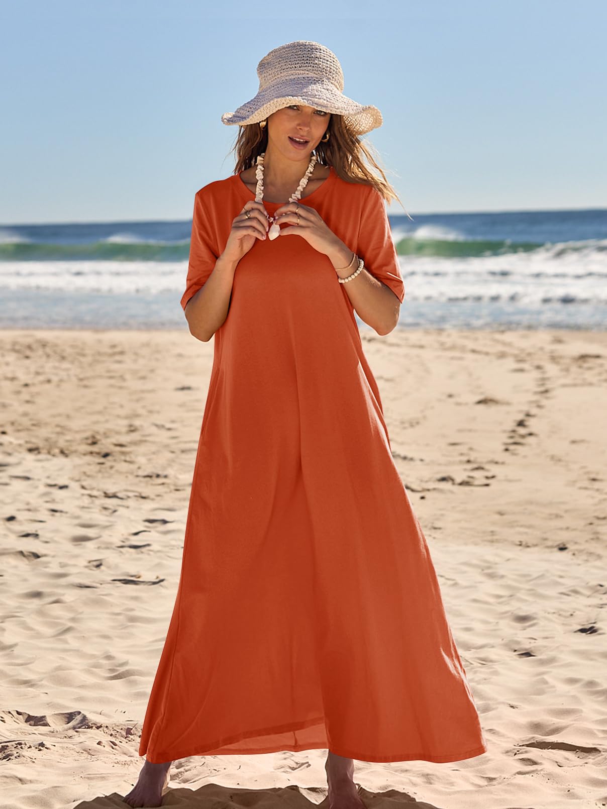MEROKEETY Women's 2025 Spring Summer Casual Maxi Dress - Short Sleeve Crewneck T-Shirt Dress for Beach Vacation, Travel & Everyday Wear | Flowy Long Dress for Women