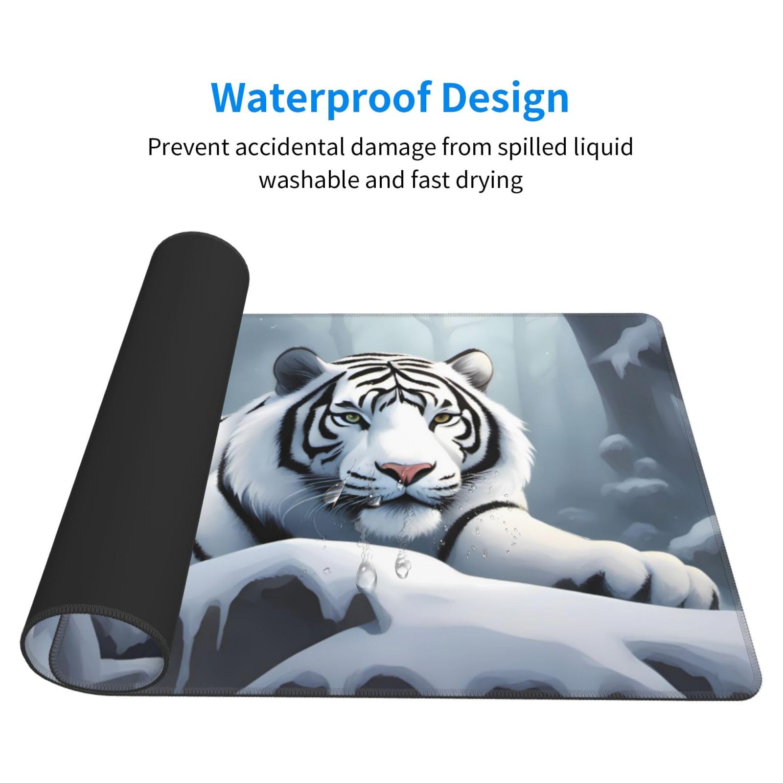 Snow White Tiger Pattern Large Office & Gaming Mouse Pad 16 x 29.5 Inches - Non-Slip Base, Durable Stitched Edges, Precision Tracking - Perfect for Work, Gaming & Home Office Setup