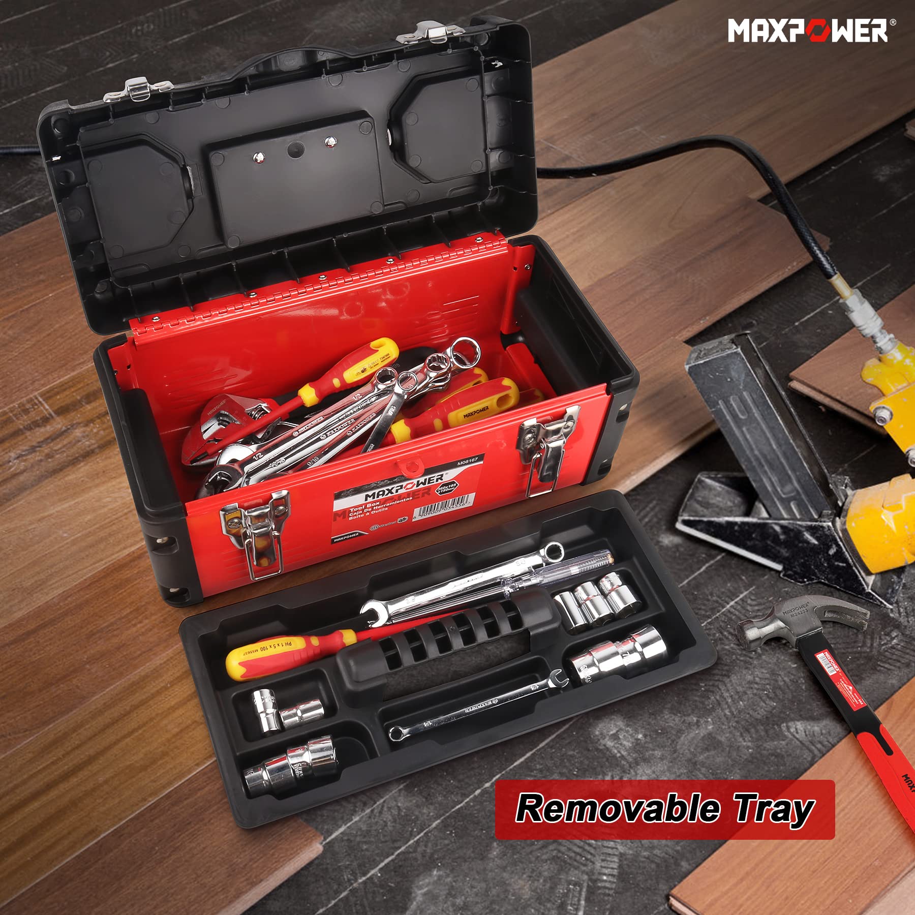 MAXPOWER 17-Inch Heavy Duty Tool Box with Adjustable Spud Wrenches Set - Professional Mechanic Tool Kit for Automotive Repair, Plumbing & Construction Work
