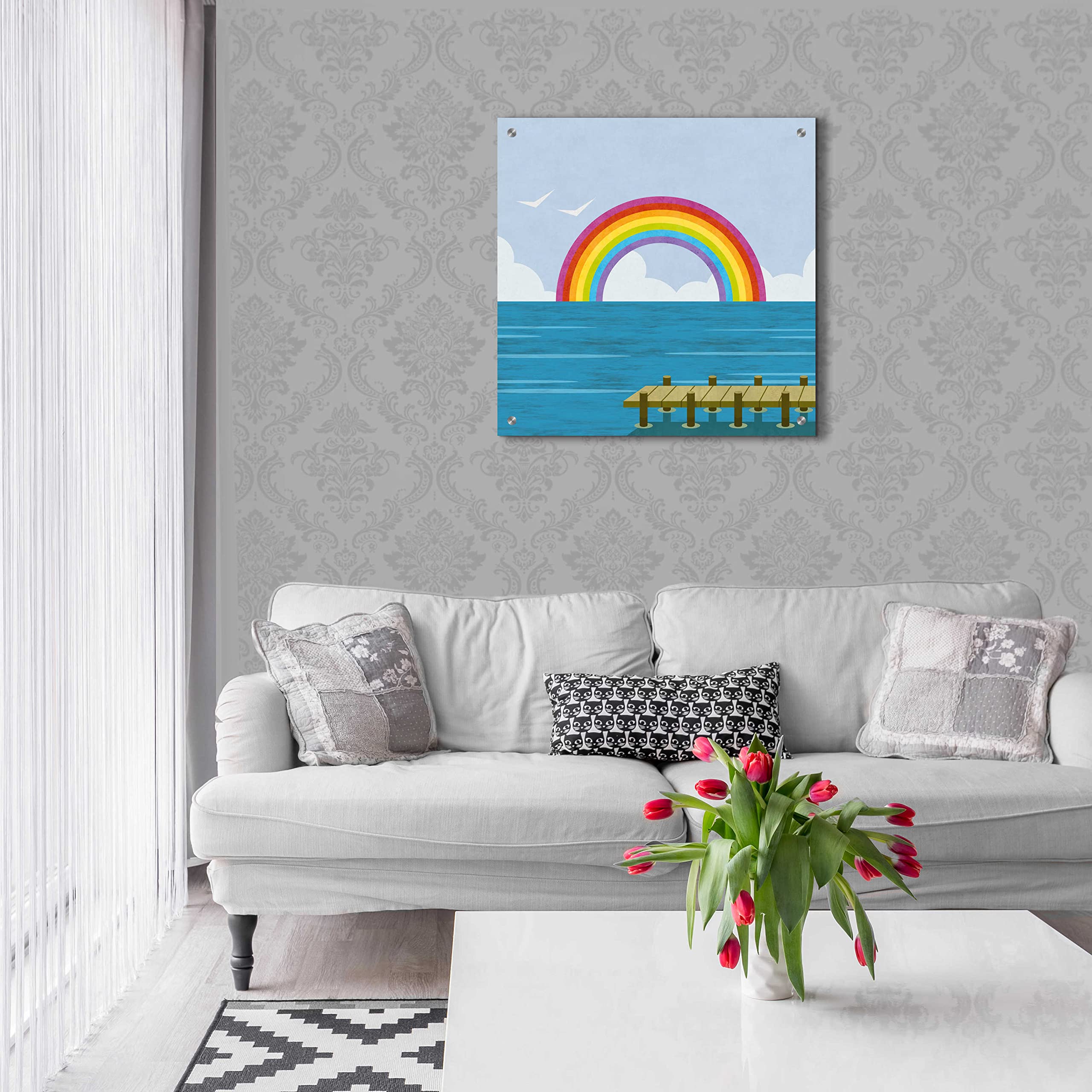 Happy Summer Rainbow Acrylic Glass Wall Art by Andrea Haase - 24x24 Inch Modern Abstract Painting for Living Room, Bedroom & Office Decor