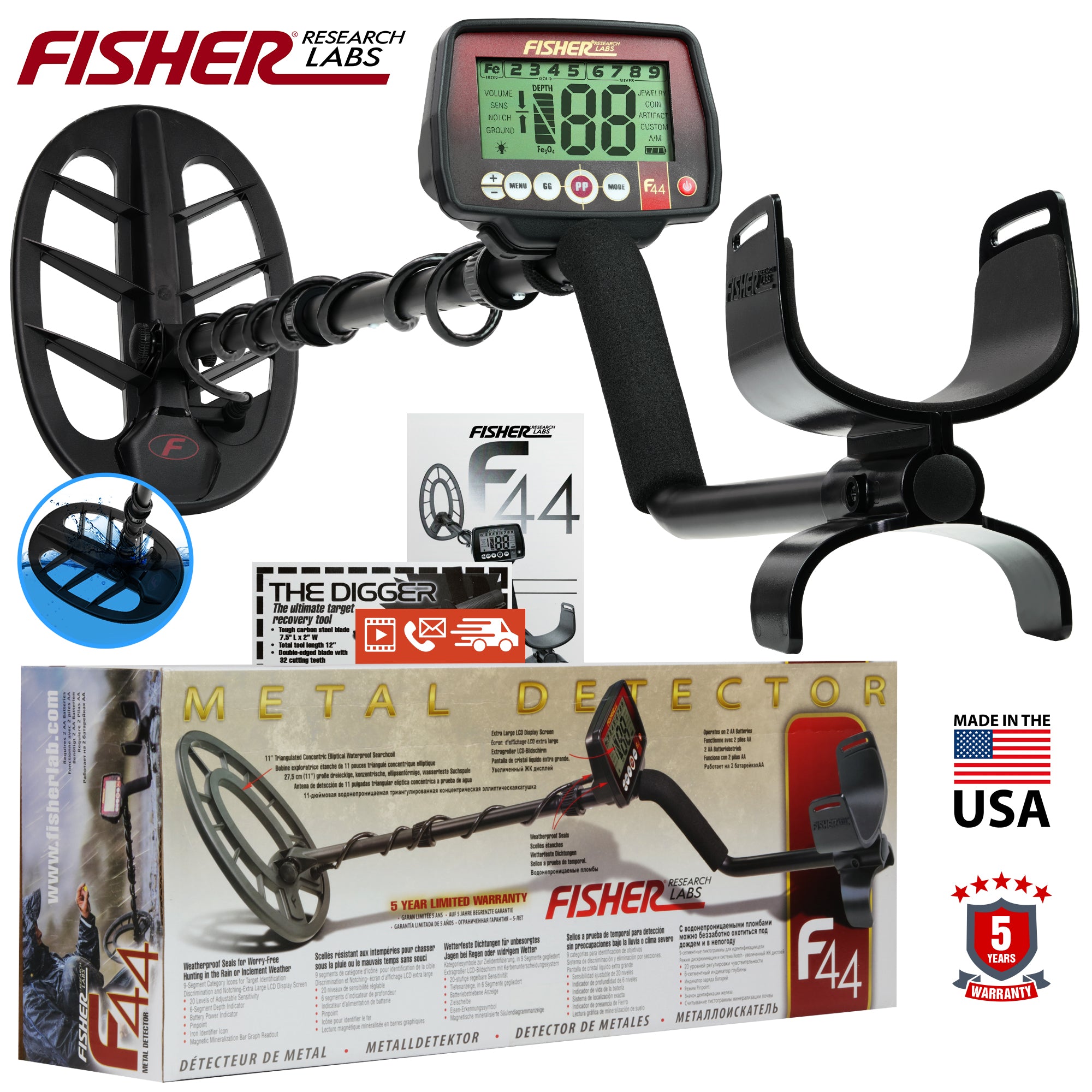 Fisher F44 Waterproof Metal Detector with 11