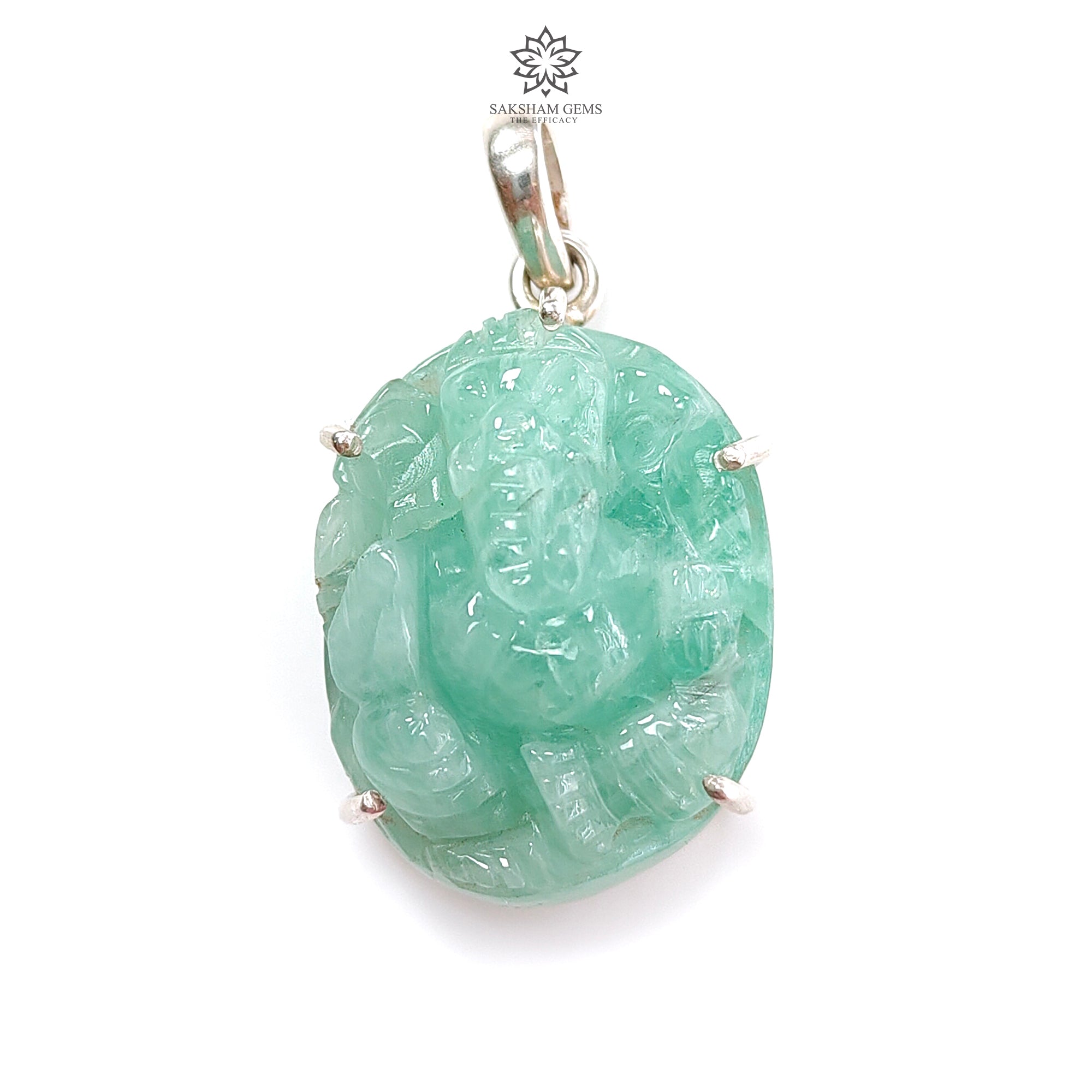 Natural Untreated Green Emerald Ganesha Pendant - 9.06g 925 Sterling Silver Prong Set Jewelry for Meditation & Spiritual Protection | Hindu God Ganesh Idol Necklace for Blessings & Good Fortune