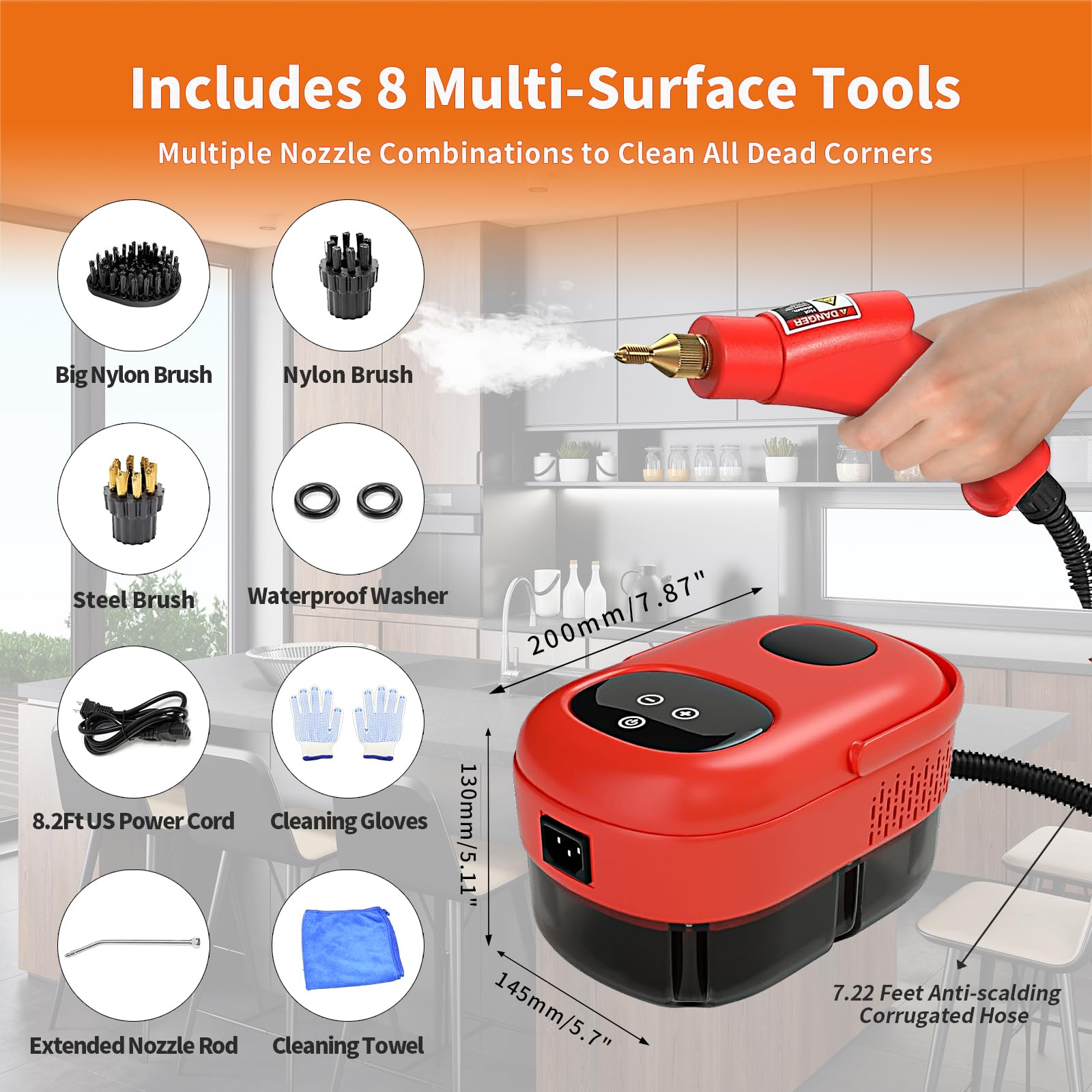 AnRui 2500W Portable Steam Cleaner - High Pressure Handheld Steam Mop for Home, Kitchen, Bathroom - Fast 15-Second Heating with 3 Brush Attachments (Red) | Perfect for Deep Cleaning Floors, Tiles, Grout, Upholstery & Sanitizing Surfaces Without Chemicals