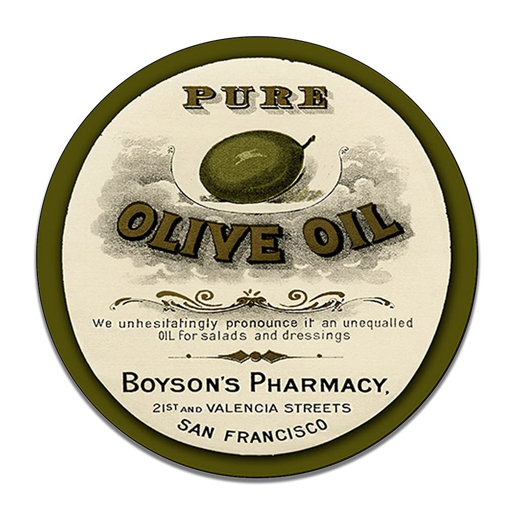 Vintage Style Brotherhood Pure Olive Oil Boyson's Pharmacy Reproduction Metal Tin Sign - Round Aluminum Garage Decor with 2 American Flag Vinyl Decals - Perfect for Man Cave, Garage, Bar, or Retro Home Decor