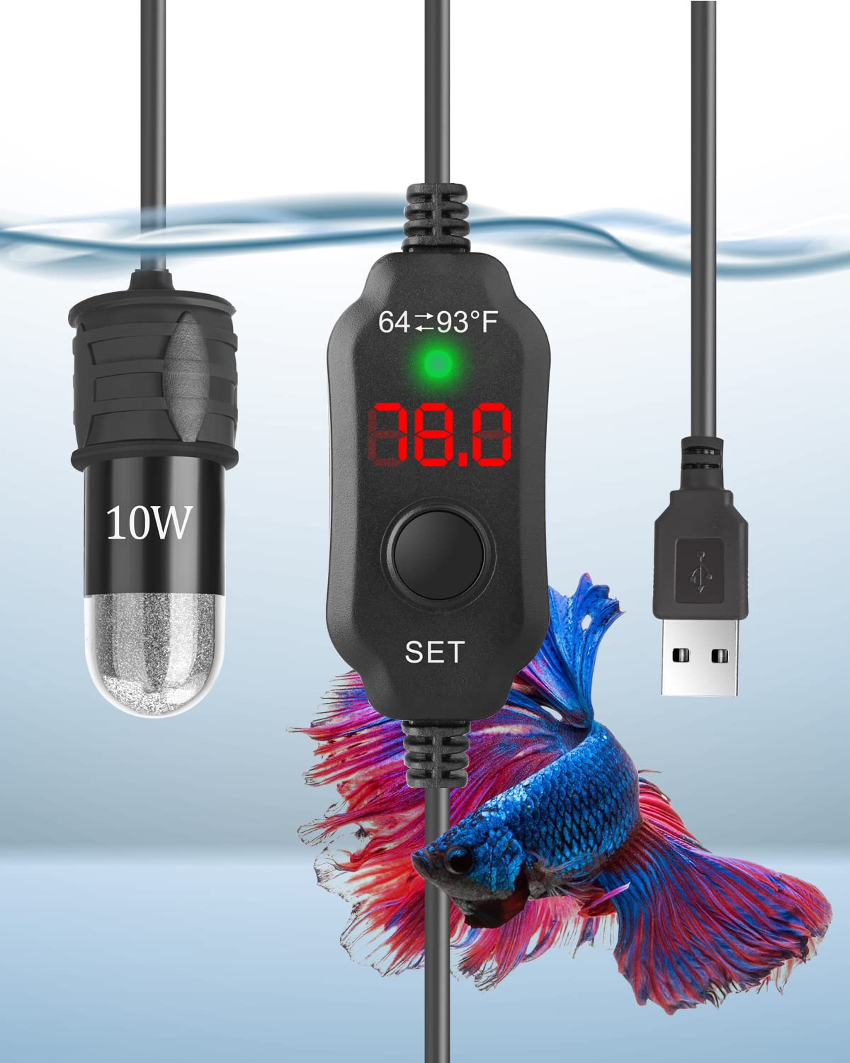 AquaMiracle Adjustable 10W USB-Powered Betta Heater with Digital Thermostat - Submersible Mini Aquarium Heater for 1 Gallon Fish Tanks | Perfect for Small Betta Bowls, Nano Tanks & Desktop Aquariums
