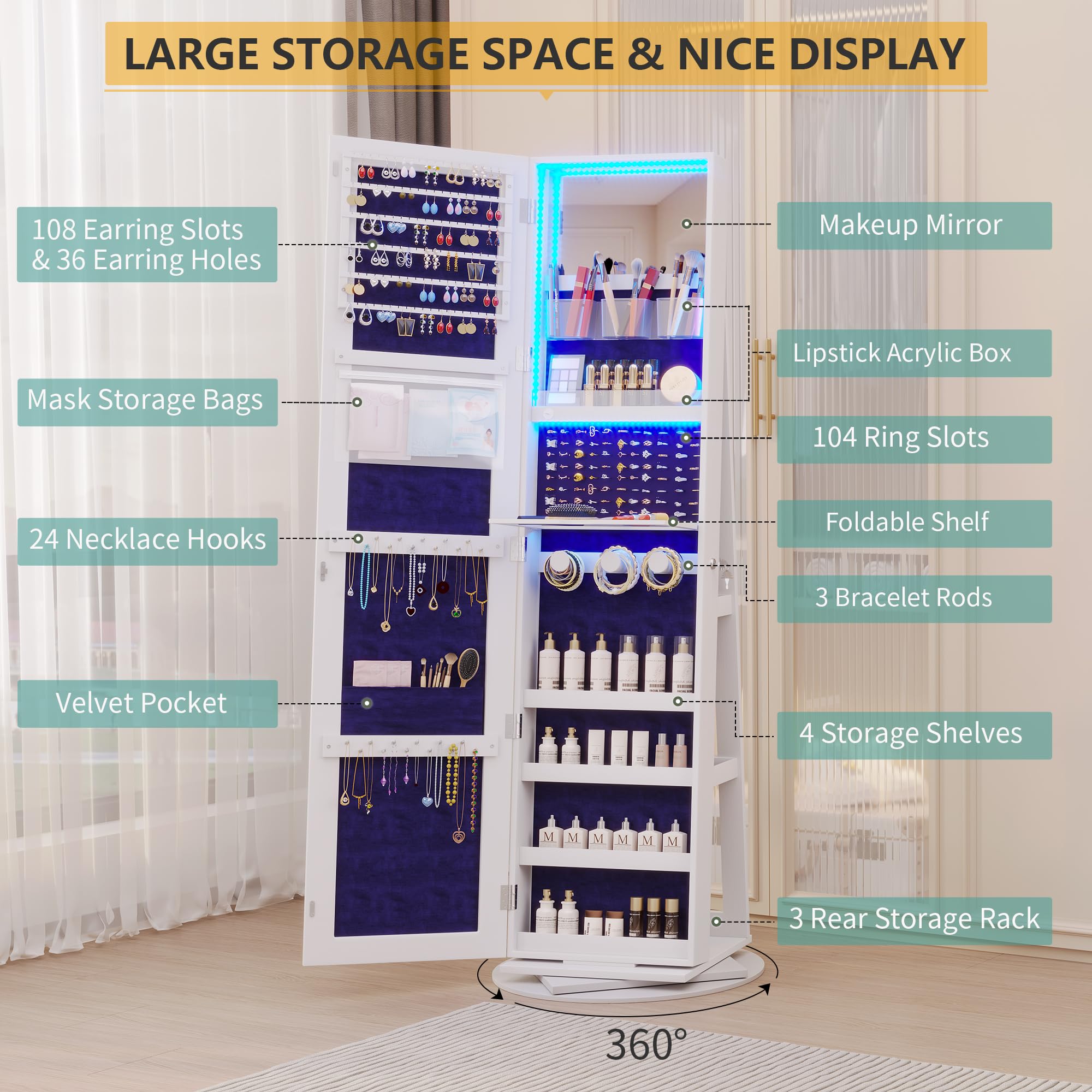 Vlsrka LED Jewelry Armoire with Full Length Mirror - 360° Rotating Standing Jewelry Cabinet with Lock, Inner Makeup Mirror & Soft Velvet Lining - Large Jewelry Organizer for Necklaces, Rings, Earrings - Perfect for Bedroom, Living Room & Dressing Room Decor