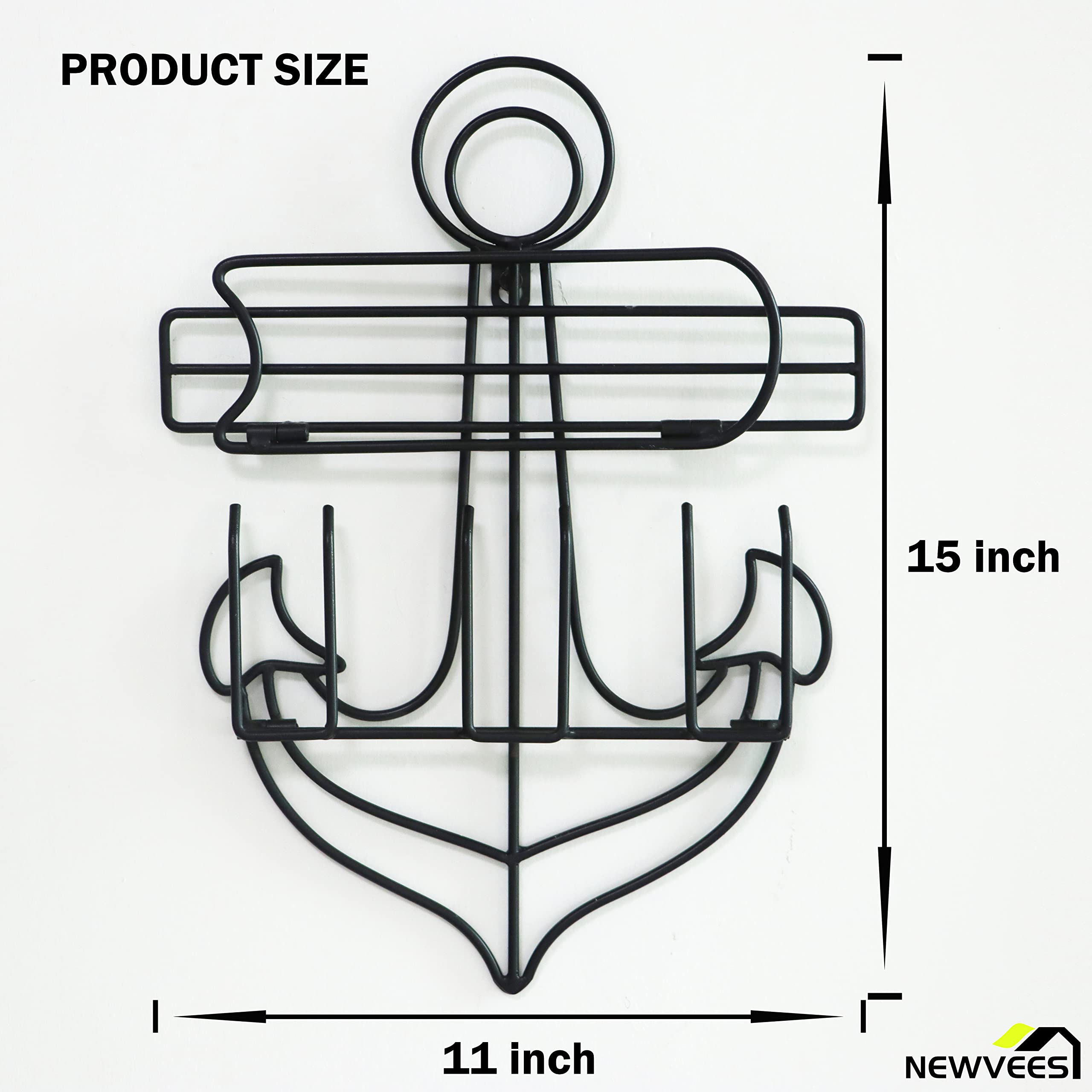 NewVees Black Anchor Wall Mounted Wine Rack with Stemware Holder - Holds 1 Wine Bottle & 3 Glasses - Space Saving Metal Wire Wine Storage for Kitchen, Bar, Dining Room & Home Decor