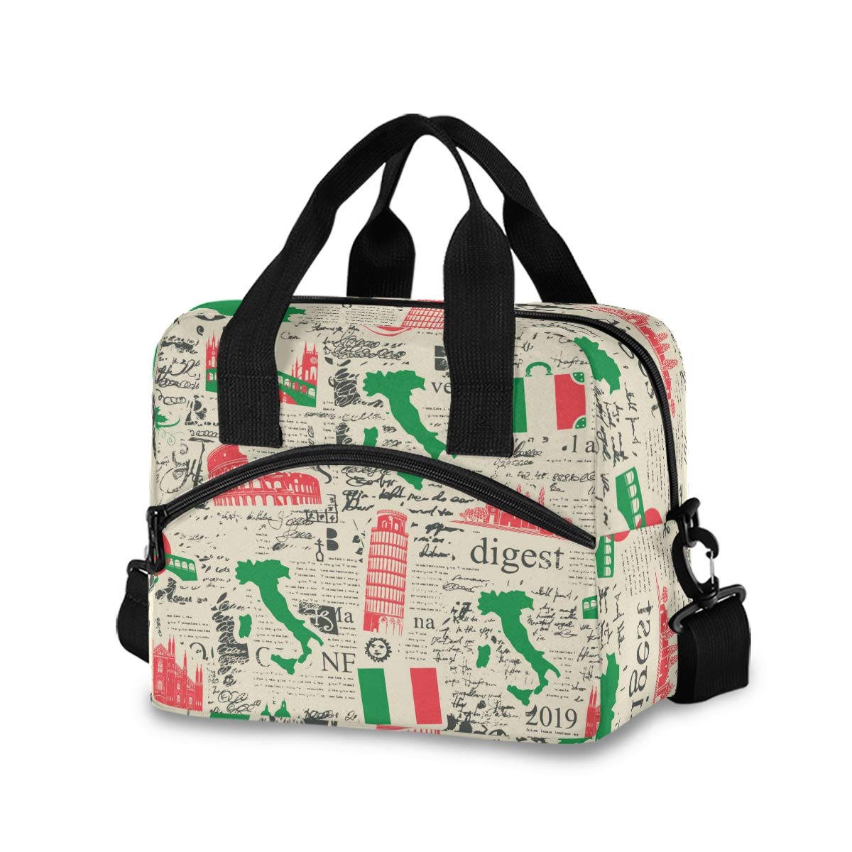 OREZI Insulated Lunch Bag for Women & Girls - Italy Map & Landmarks Design, Detachable Shoulder Strap, Leakproof Lunch Box for School, Office & Picnics | Perfect for Work, Travel & Outdoor Activities