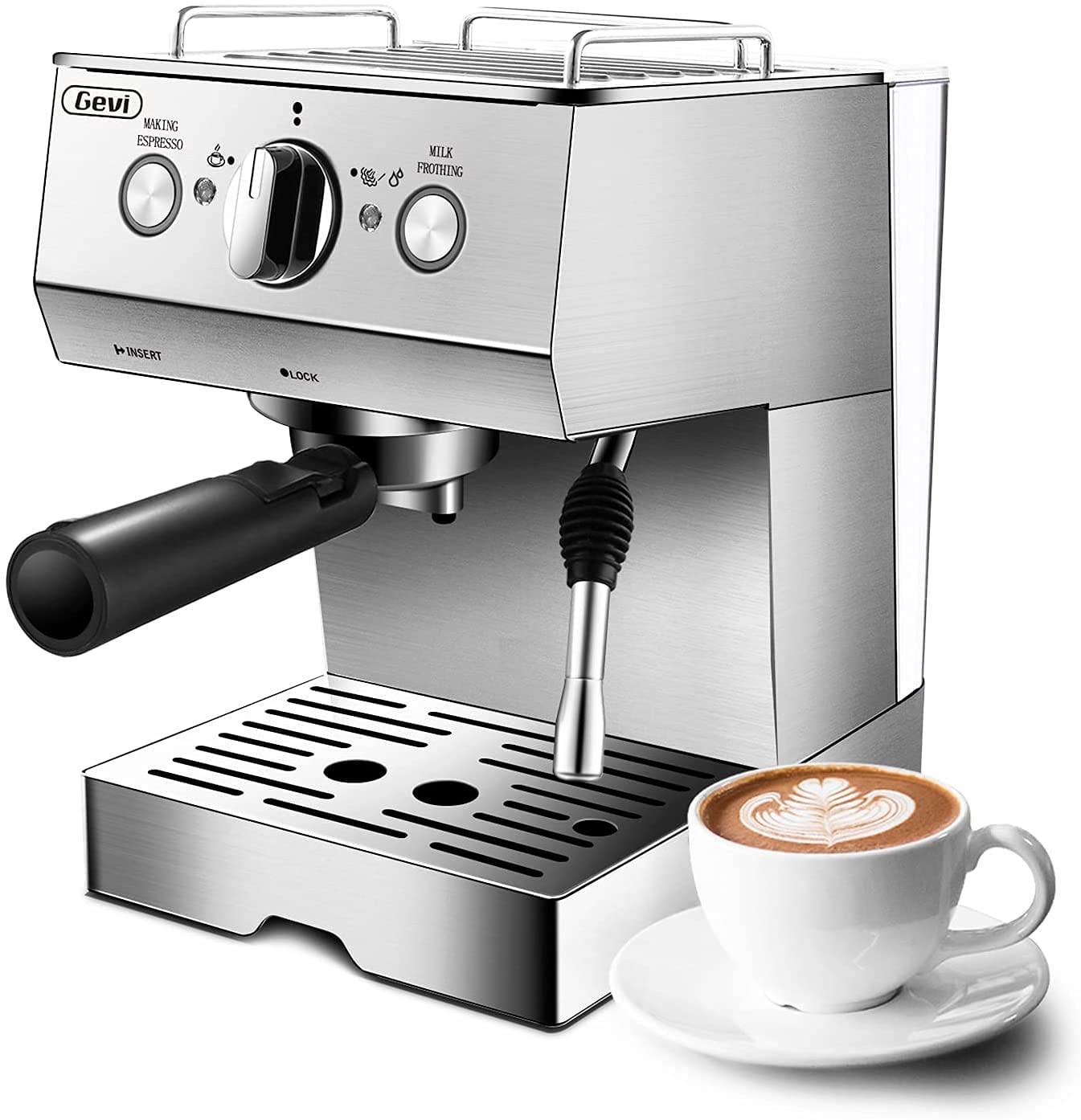 Barsetto 20 Bar Espresso Machine with Fast Heating & Milk Frother - Automatic Cappuccino & Latte Maker, 1.2L Removable Water Tank, 1350W, White - Perfect for Home Coffee Bars & Office Brewing