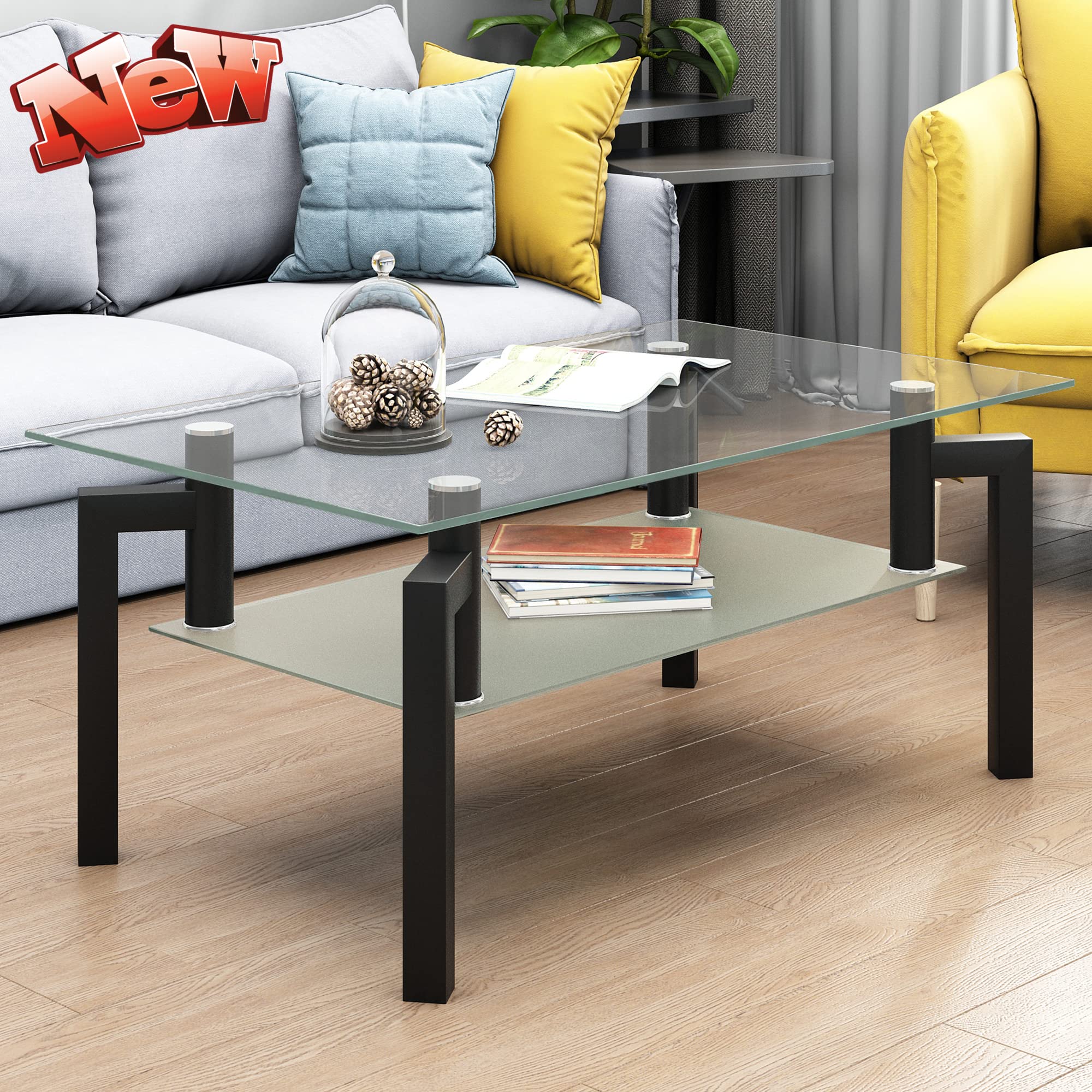 DOONHEXS Upgraded Sturdy Tempered Glass Top Modern Rectangle Coffee Table - 39 Inch Living Room Furniture for Home, Office & Lounge - Perfect for Conversations, Leisure & Entertainment