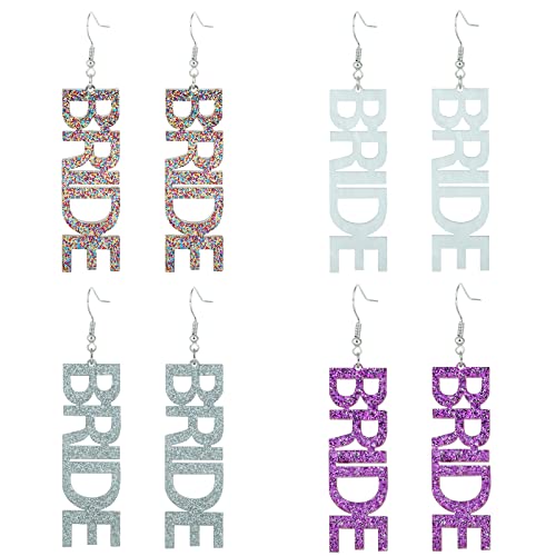 UOMNICUE 4 Pairs Acrylic Bridal Earrings for Women - White, Silver & Purple BRIDE Letter Dangle Earrings | Perfect for Bridal Shower, Wedding, Bachelorette Party & Bridesmaid Gifts | Elegant Accessories for Bride-to-Be