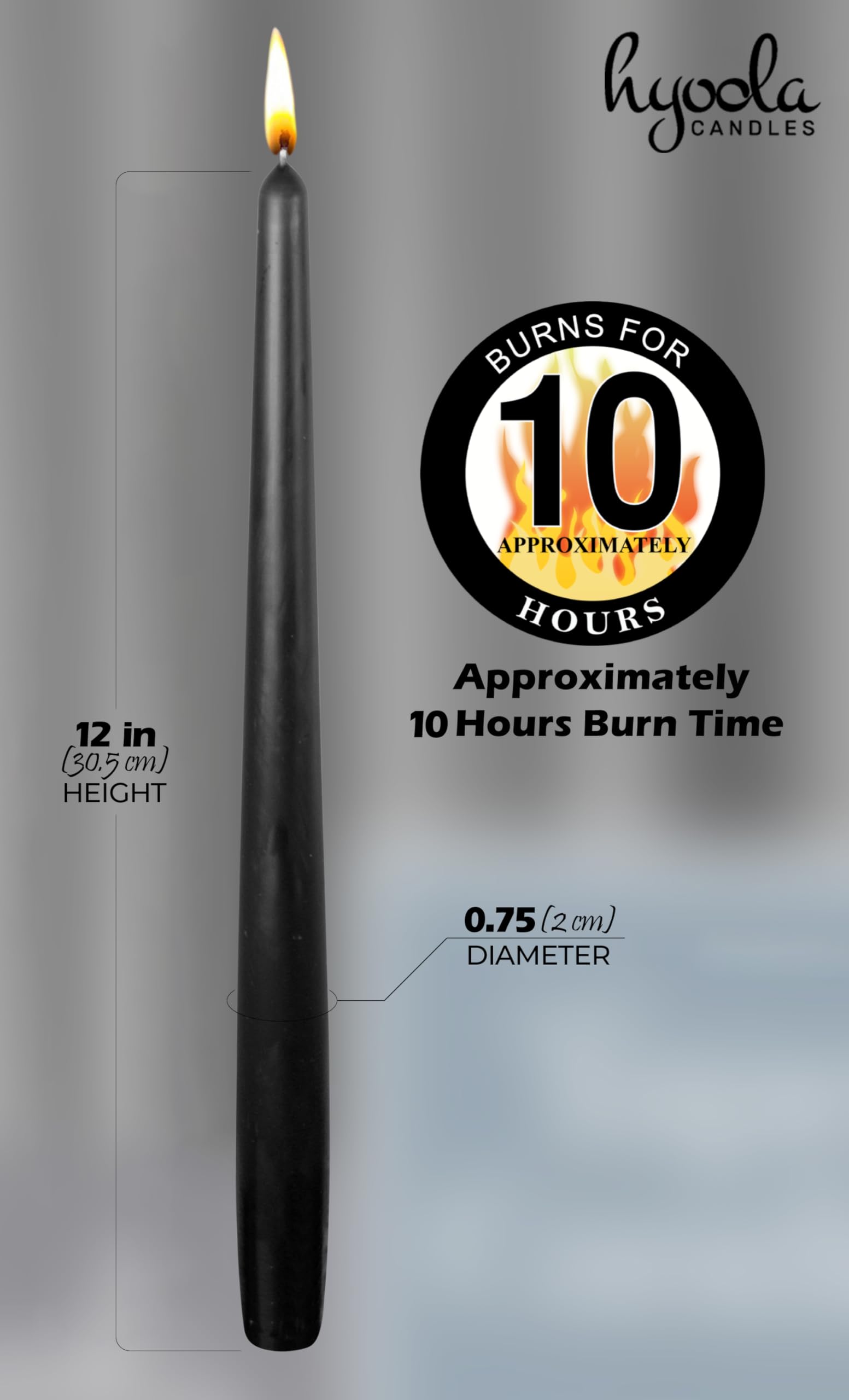Hyoola 12 Inch Black Unscented Dripless Taper Candles Bulk Pack of 96 - Long-Lasting 10 Hour Burn Time - Perfect for Weddings, Dinner Parties, and Home Decor