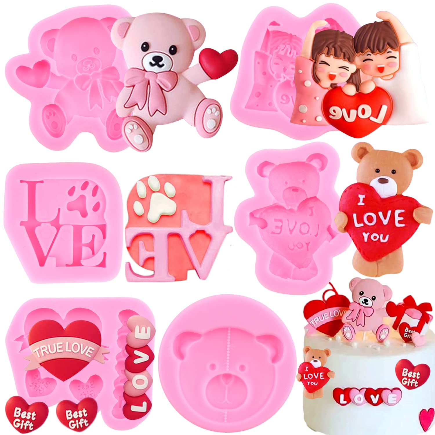 Valentine's Day Fondant Molds Set of 6 - Bear Heart & Love Letter Silicone Molds for Cake Decorating, Chocolate, Cupcake Toppers, Polymer Clay & Gum Paste - Perfect for Wedding, Anniversary & Romantic Baking Projects