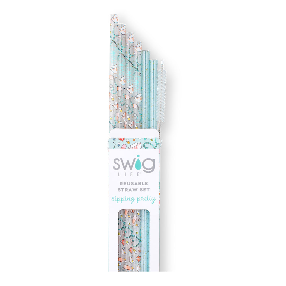 Scrub Life + Aqua Glitter Reusable Straw Set - Eco-Friendly Stainless Steel Drinking Straws for Smoothies, Cocktails & Iced Coffee - Perfect for Home, Office & Travel Use