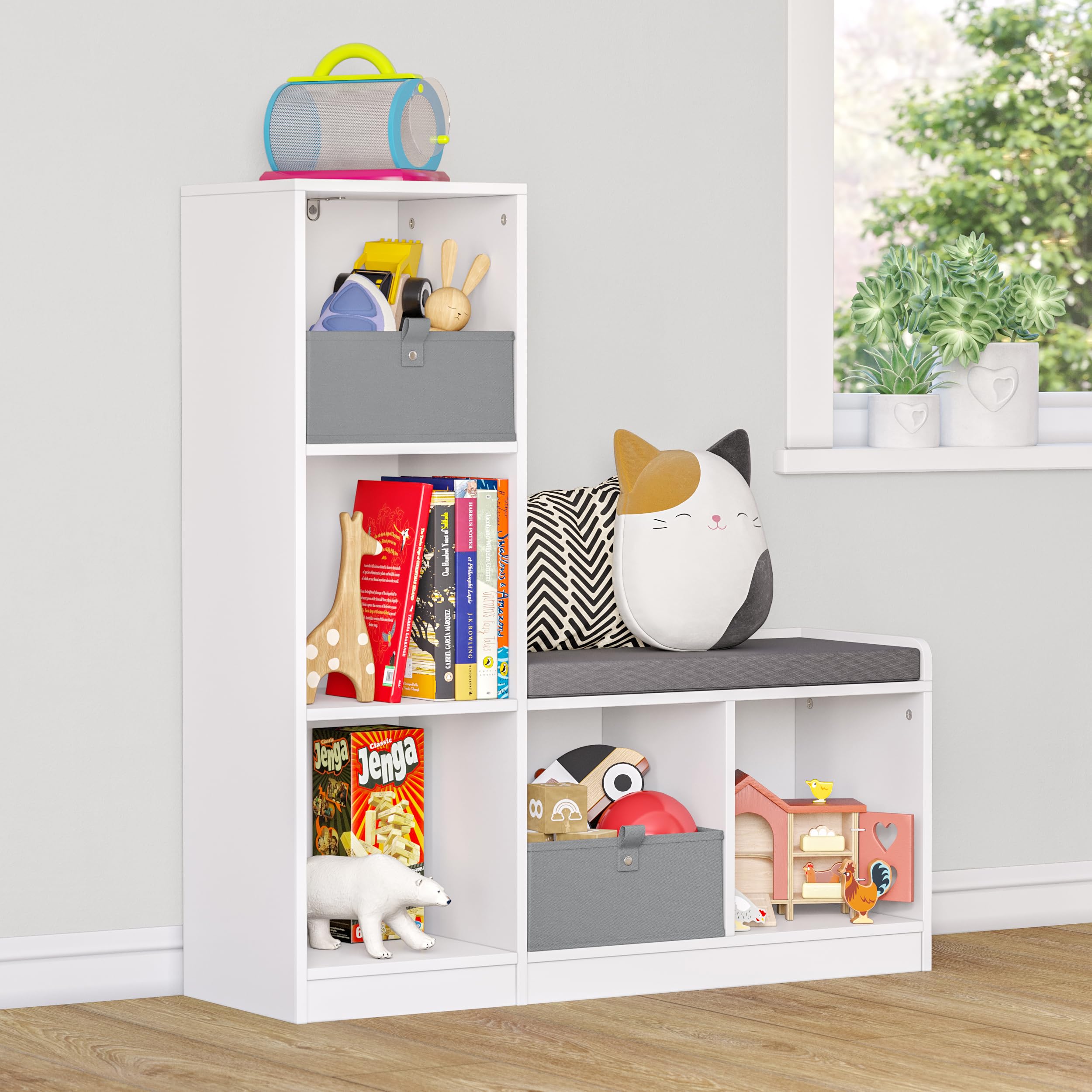 RiverRidge Kids Toy Storage Organizer Bench with 5 Cubby Spots, 2 Gray Fabric Bins & Cushioned Seat - Perfect for Playroom, Nursery, or Classroom Organization & Book Nook Storage