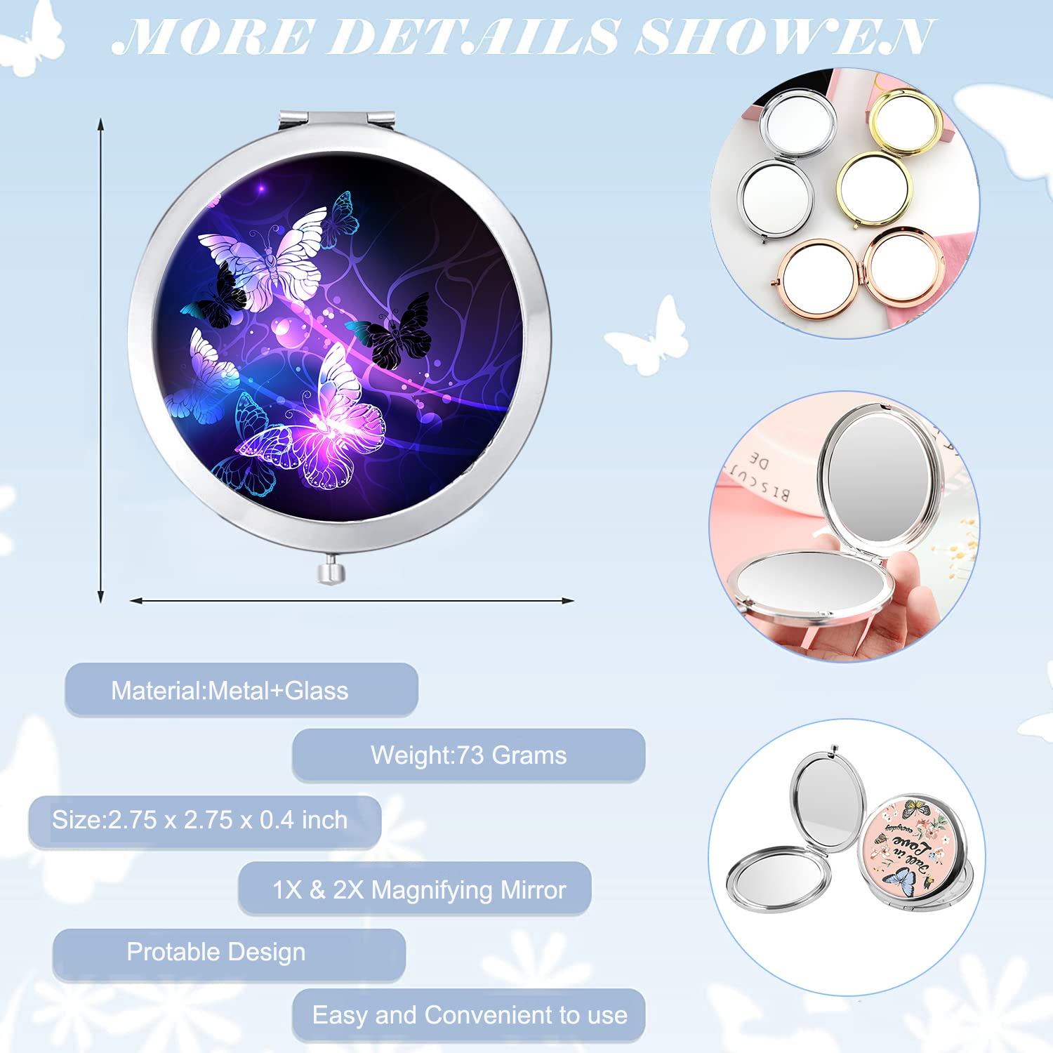 LONNAONE Compact Mirror for Women - Round Mini Travel Makeup Mirror with Butterfly Design, Portable Folding Handheld Mirror for Purse, Handbag & Makeup Touch Ups (Silver Purple) - Perfect for Travel, Home & Office Use