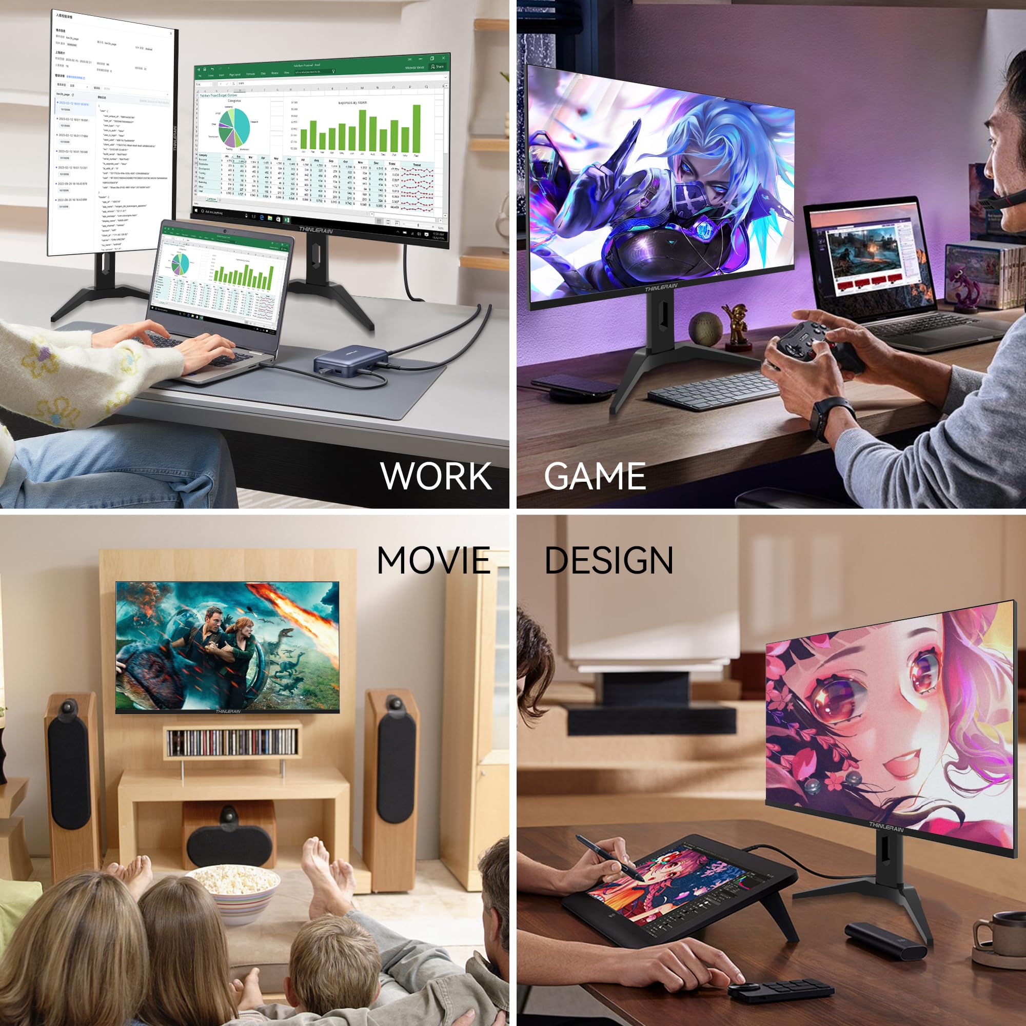 23.8 Inch Frameless Computer Monitor 1920x1080 Full HD Vertical Display with HDMI VGA AV BNC USB Ports, Multi-Function Stand, VESA Mount, Built-in Speakers for Office, Home, Gaming, and Design