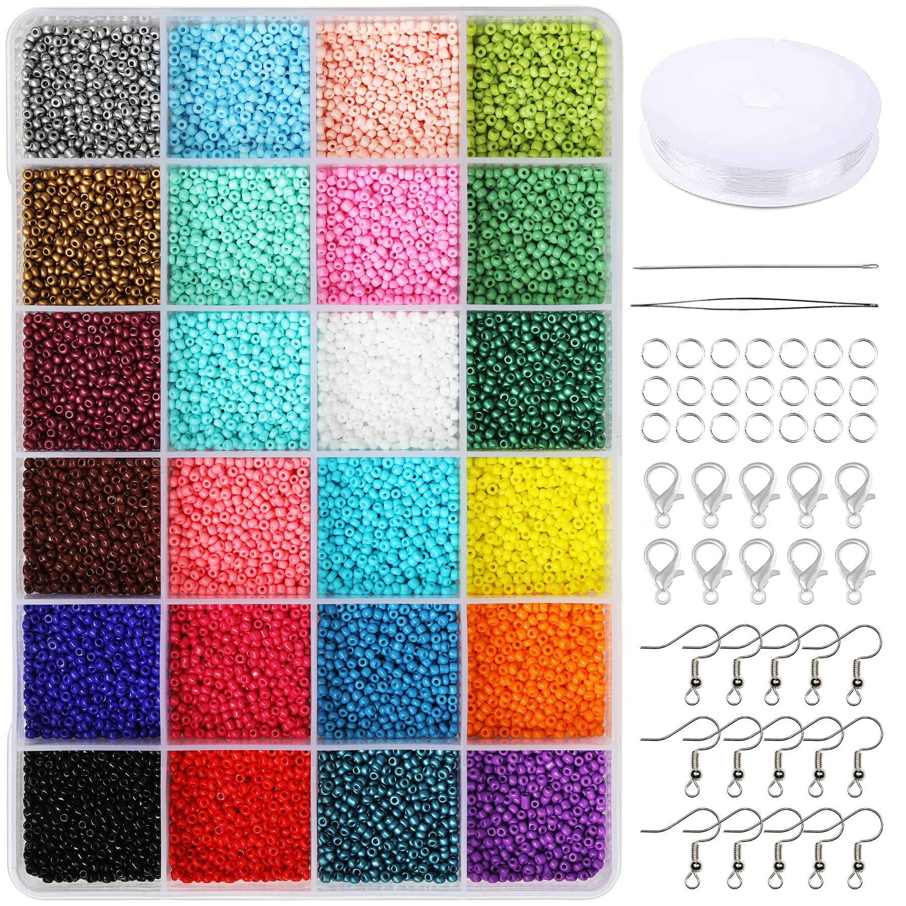 2mm Glass Seed Beads Kit - 24 Vibrant Colors (14,400pcs) | 12/0 Small Beads for Jewelry Making | Includes 24-Grid Storage Box | Perfect for Bracelets, Necklaces & DIY Crafts