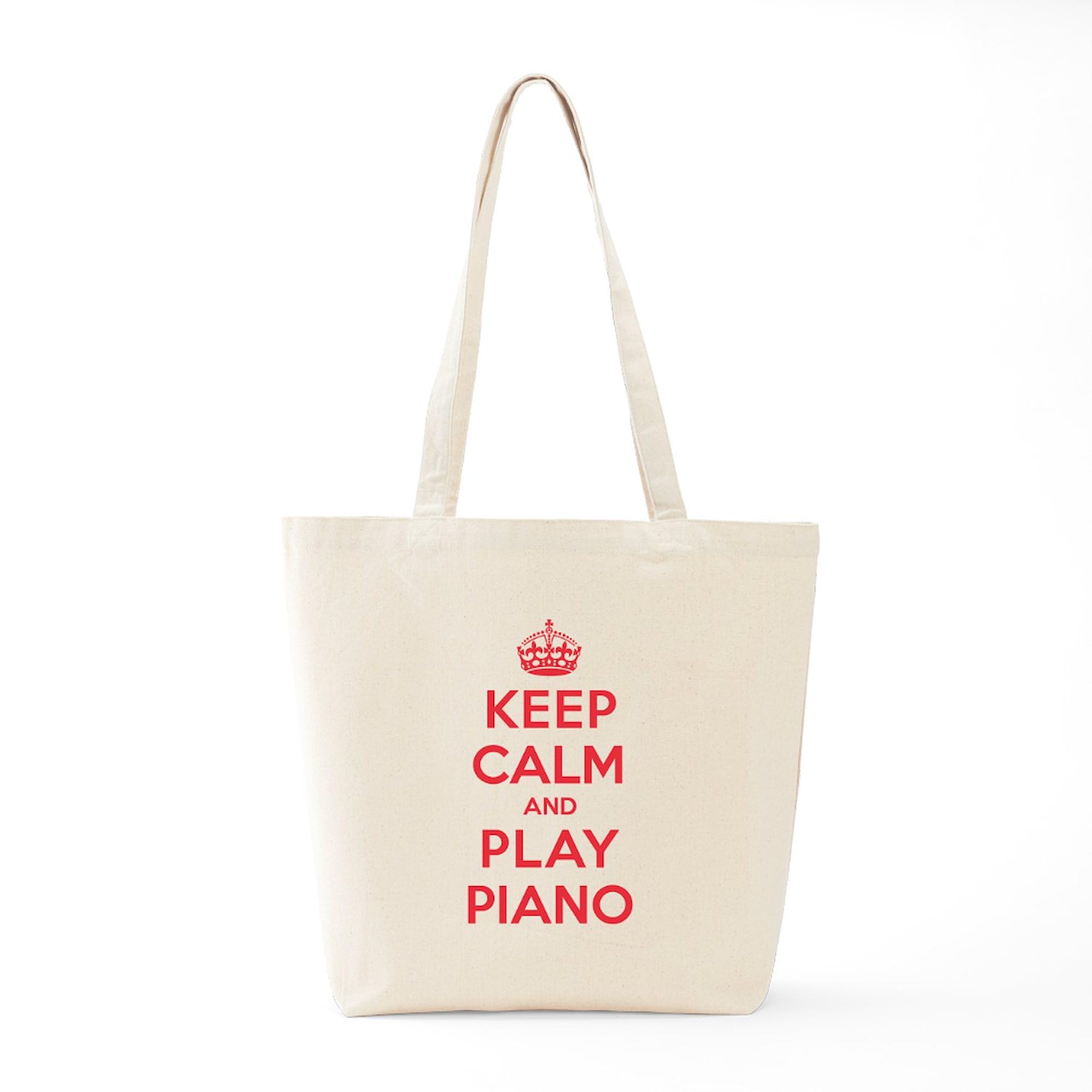 Keep Calm Play Piano Tote Bag - Natural Canvas Reusable Shopping Bag for Musicians, Piano Teachers & Students - Perfect for Music Lessons, Groceries & Beach Trips