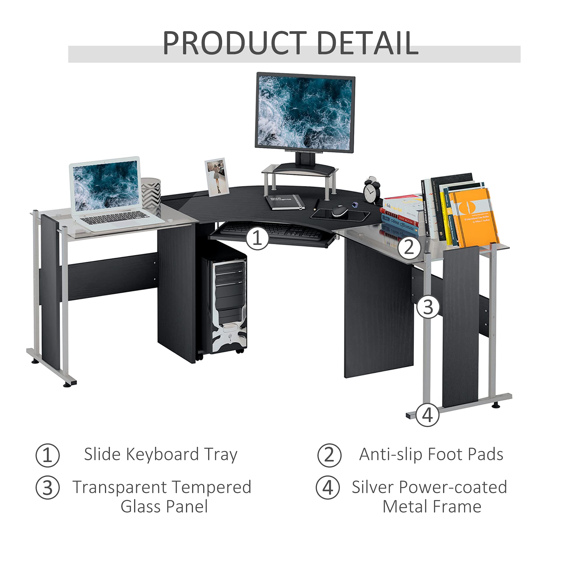 HOMCOM 69 Inch Black Modern L-Shaped Tempered Glass Office Computer Desk with Monitor Stand, CPU Holder, Keyboard Tray & Steel Frame - Perfect for Home Office, Gaming & Workspace Setup