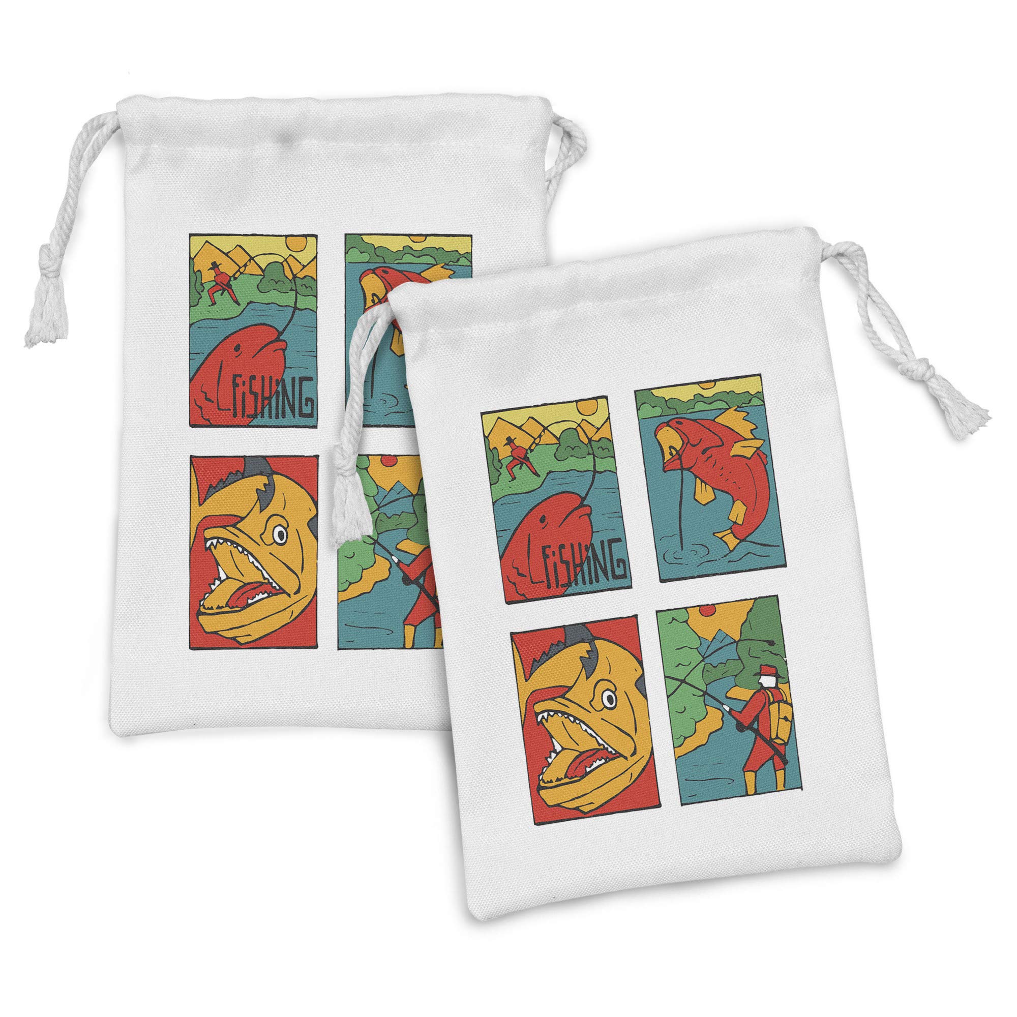Ambesonne Fishing Fabric Pouch Set of 2 - Colorful Cartoon Fish & Fisherman Nature Print Drawstring Bag (9