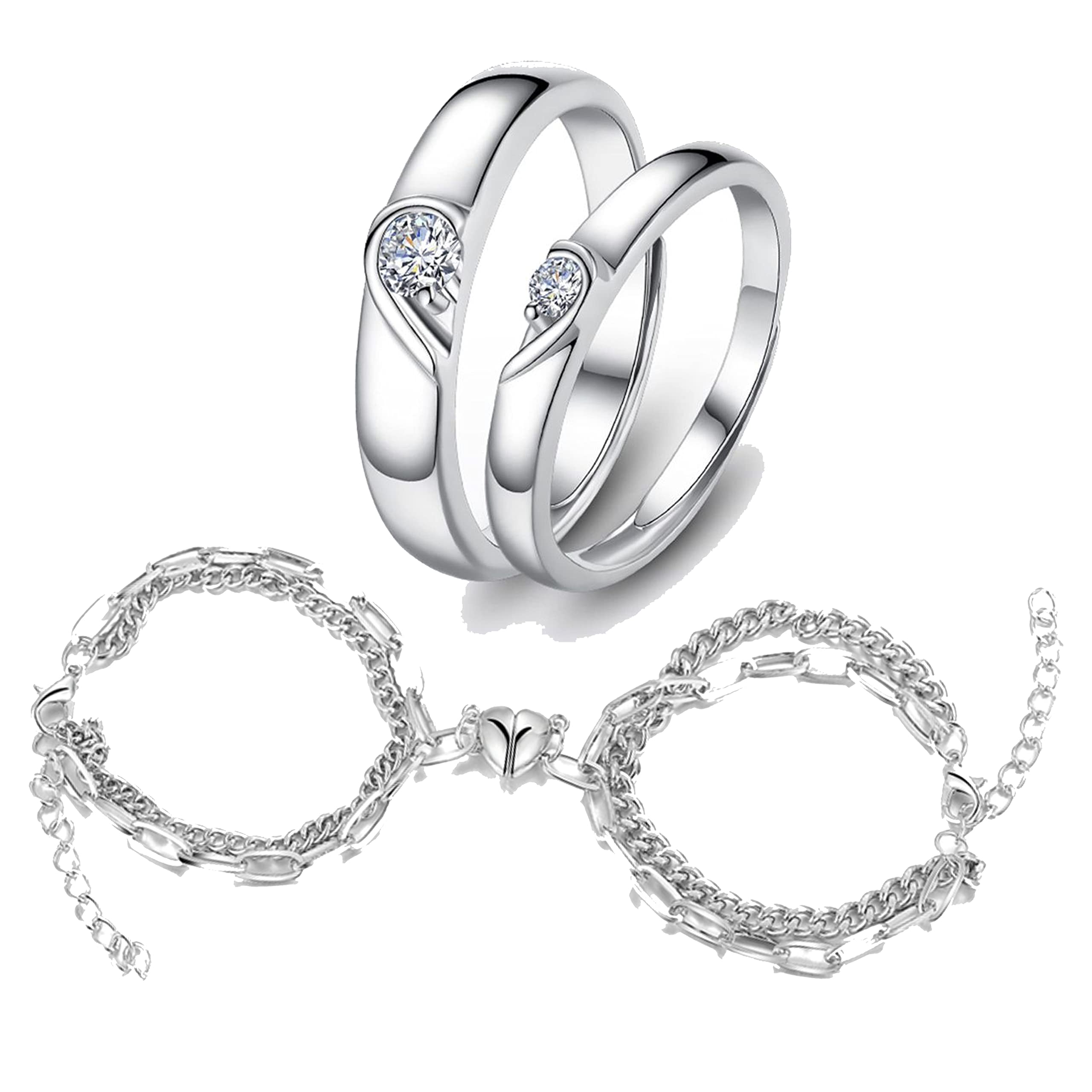 Valentine's Day Crystal Heart Silver Couple Ring & Magnetic Bracelet Set - Romantic Gift for Girlfriend, Wife, Couples - Perfect for Anniversaries, Proposals, and Special Occasions