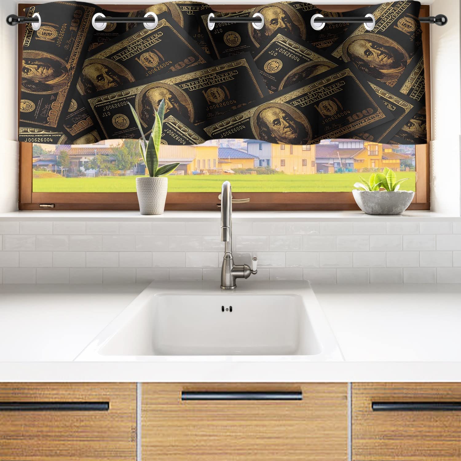 Modern Black & Gold 100 Dollar Bill Print Kitchen Curtain Valances - Room Darkening Window Treatment for Bedroom & Small Windows (16