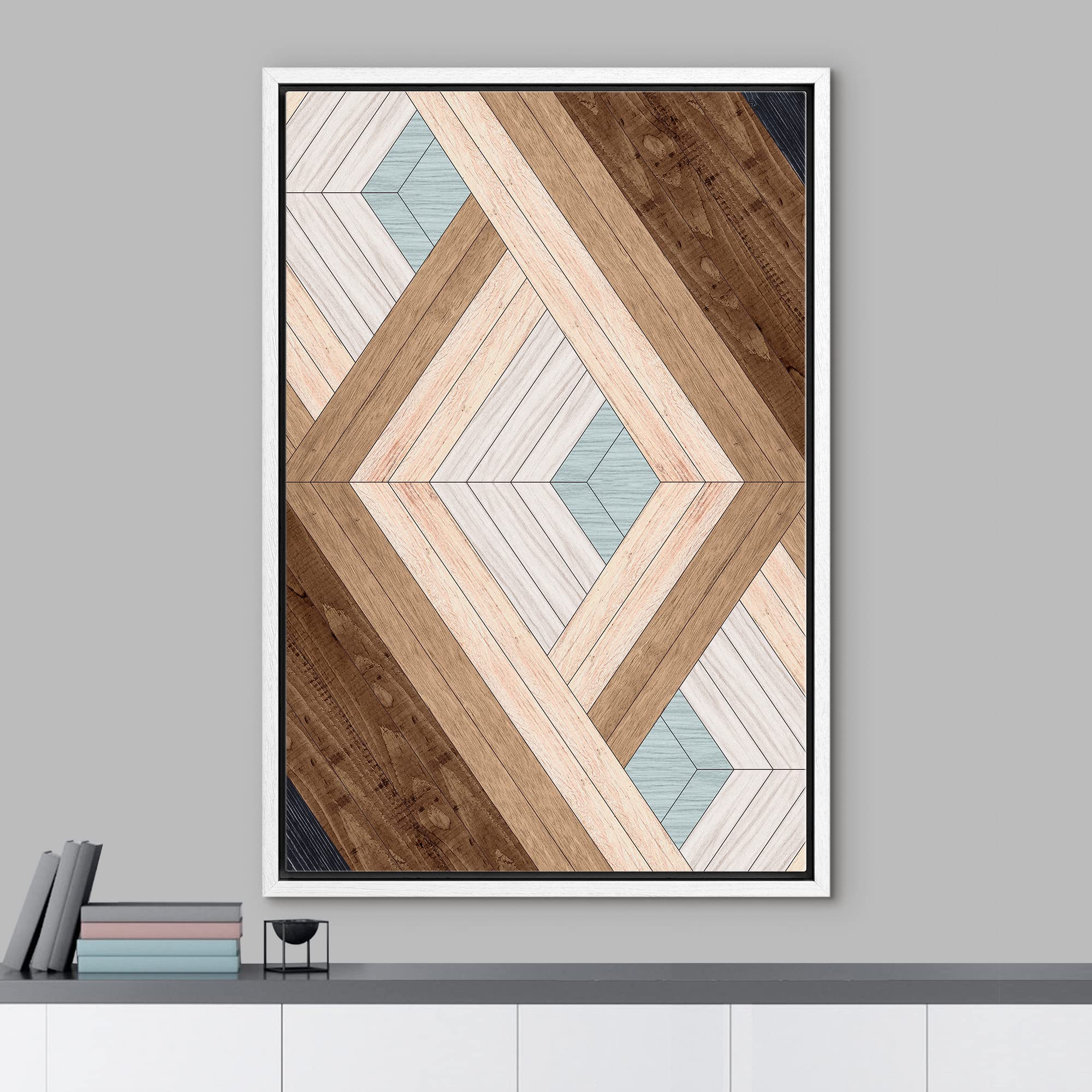 IDEA4WALL Framed Canvas Print - Western Decor Geometric Diamond Wood Panel Pattern, Abstract Shapes Modern Nordic Minimal Boho Wall Art for Living Room, Bedroom, Office, 24