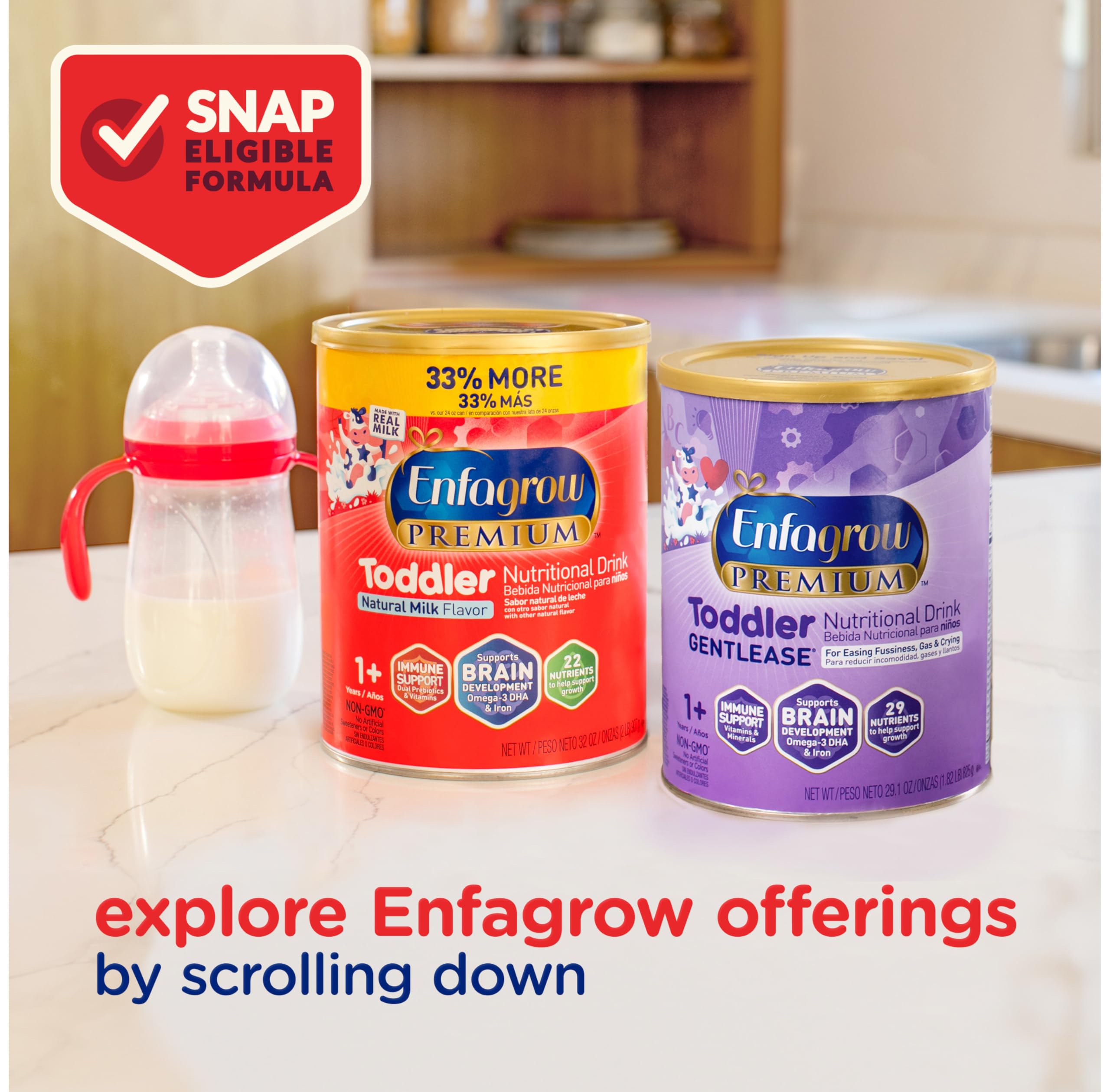 Enfagrow PREMIUM Toddler Nutritional Drink Powder with Real Milk, Omega-3 DHA for Brain Development, Prebiotics for Immune Support - Non-GMO Baby Formula (32oz Can, Pack of 12) - Ideal for Growing Toddlers at Home, Daycare or Travel