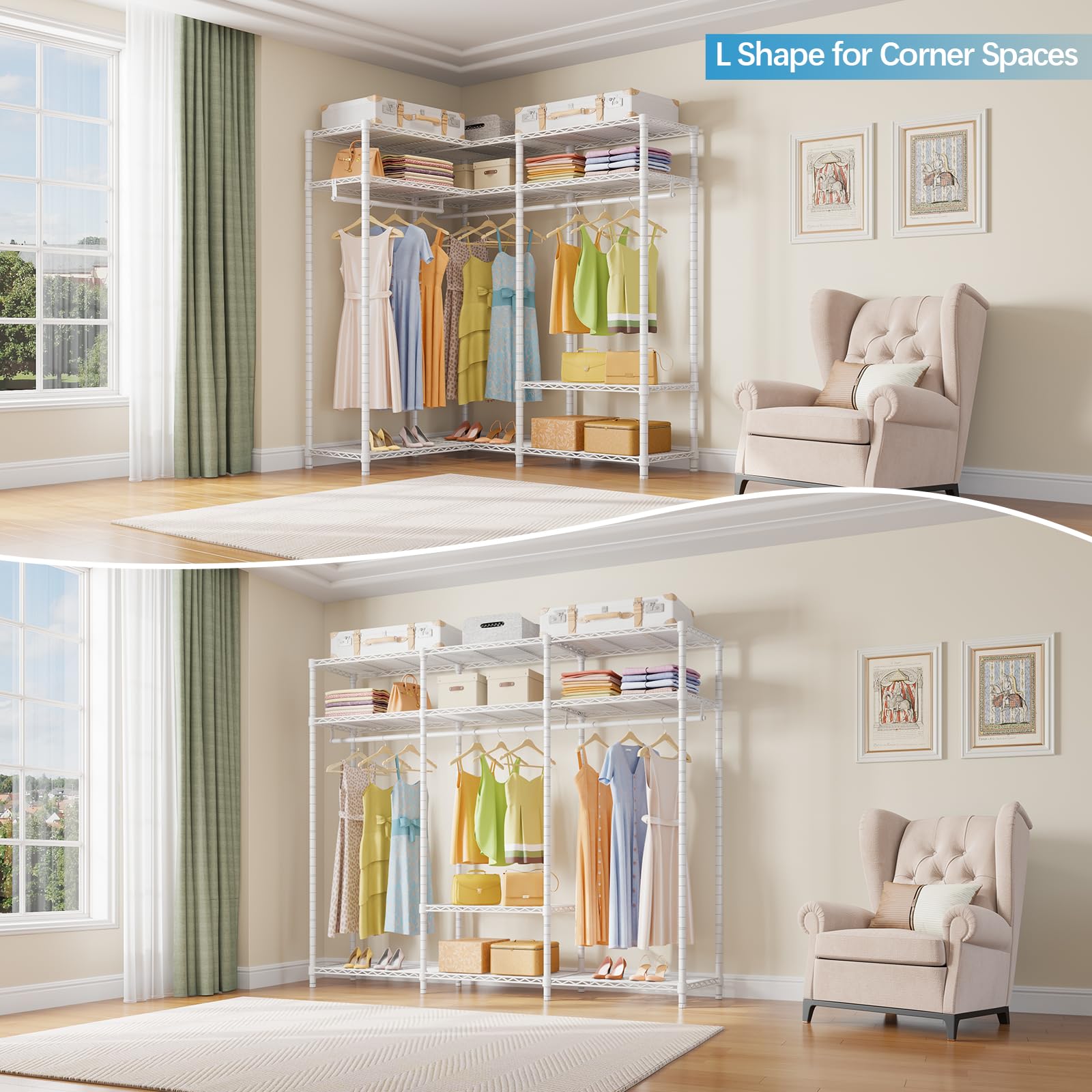 VIPEK L30 Corner Clothes Rack - Heavy Duty L-Shaped Closet System with Adjustable Shelves & Hanging Rods | Freestanding Corner Wardrobe for Hanging Clothes | Perfect for Small Spaces, Bedrooms & Dorm Organization