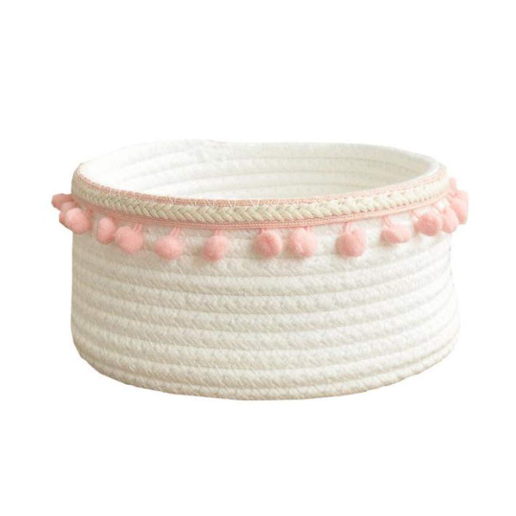 Yunzee Cotton Rope Storage Basket with Tassel Ball - White & Pink Home Decor Organizer for Bedroom, Bathroom, Nursery & Office Organization