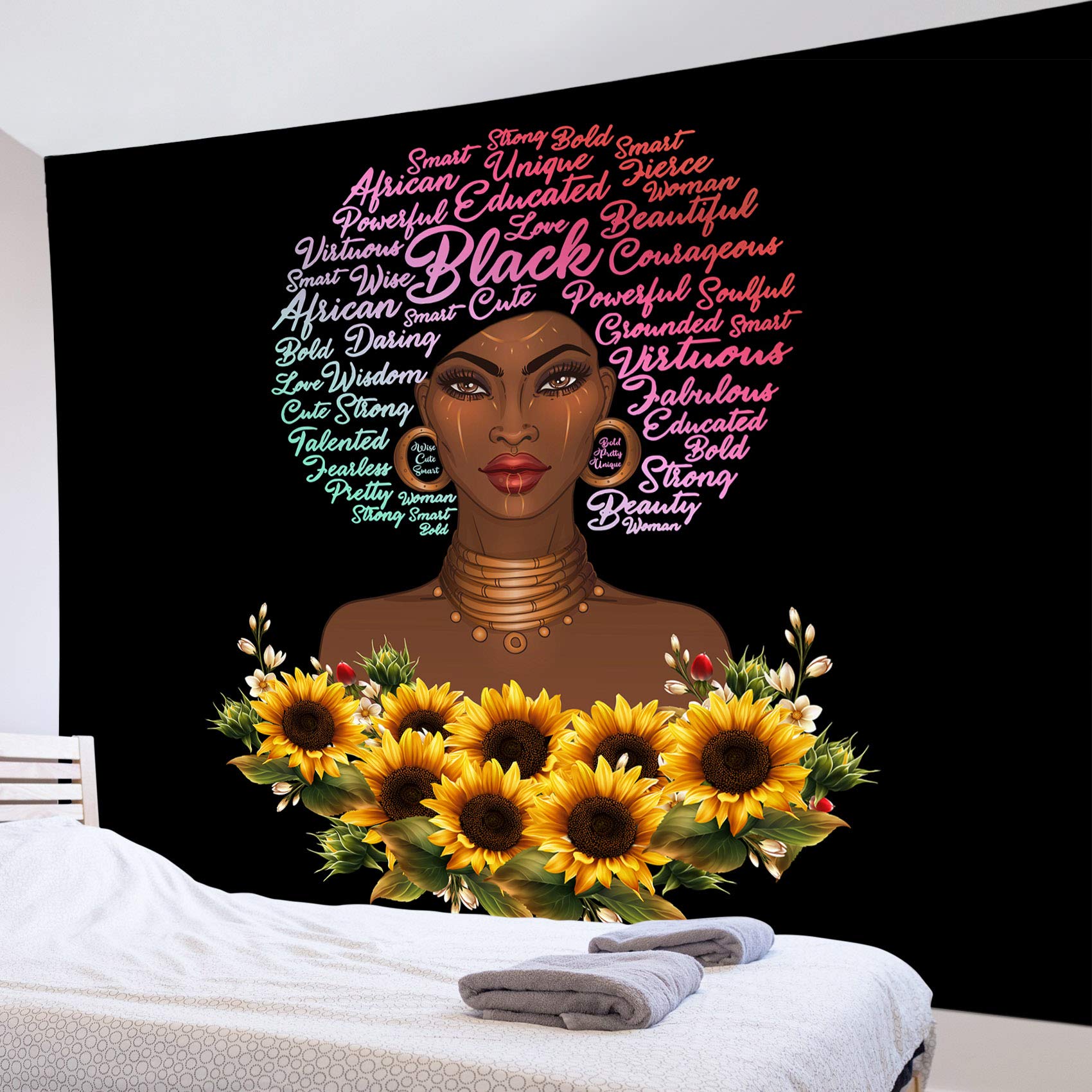 HVEST African American Women Tapestry Sunflower Afro Black Girl Inspirational Wall Art for Living Room, Bedroom, Teen Dorm, Indie Decor, 59x51 Inches, Perfect for Home, Office, and Event Spaces
