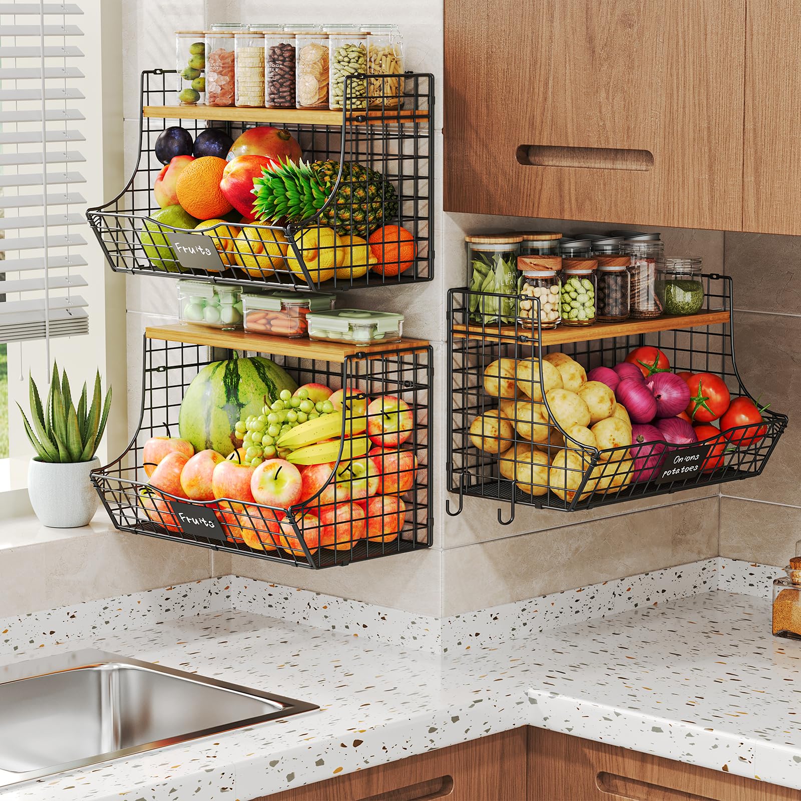 Extra Large Wooden Lid Fruit Basket for Kitchen - Stackable Metal Hanging Wire Baskets for Onion, Potato & Pantry Storage (3-Pack) | Countertop & Wall Mounted Organizer for Fruits, Vegetables & Kitchen Essentials