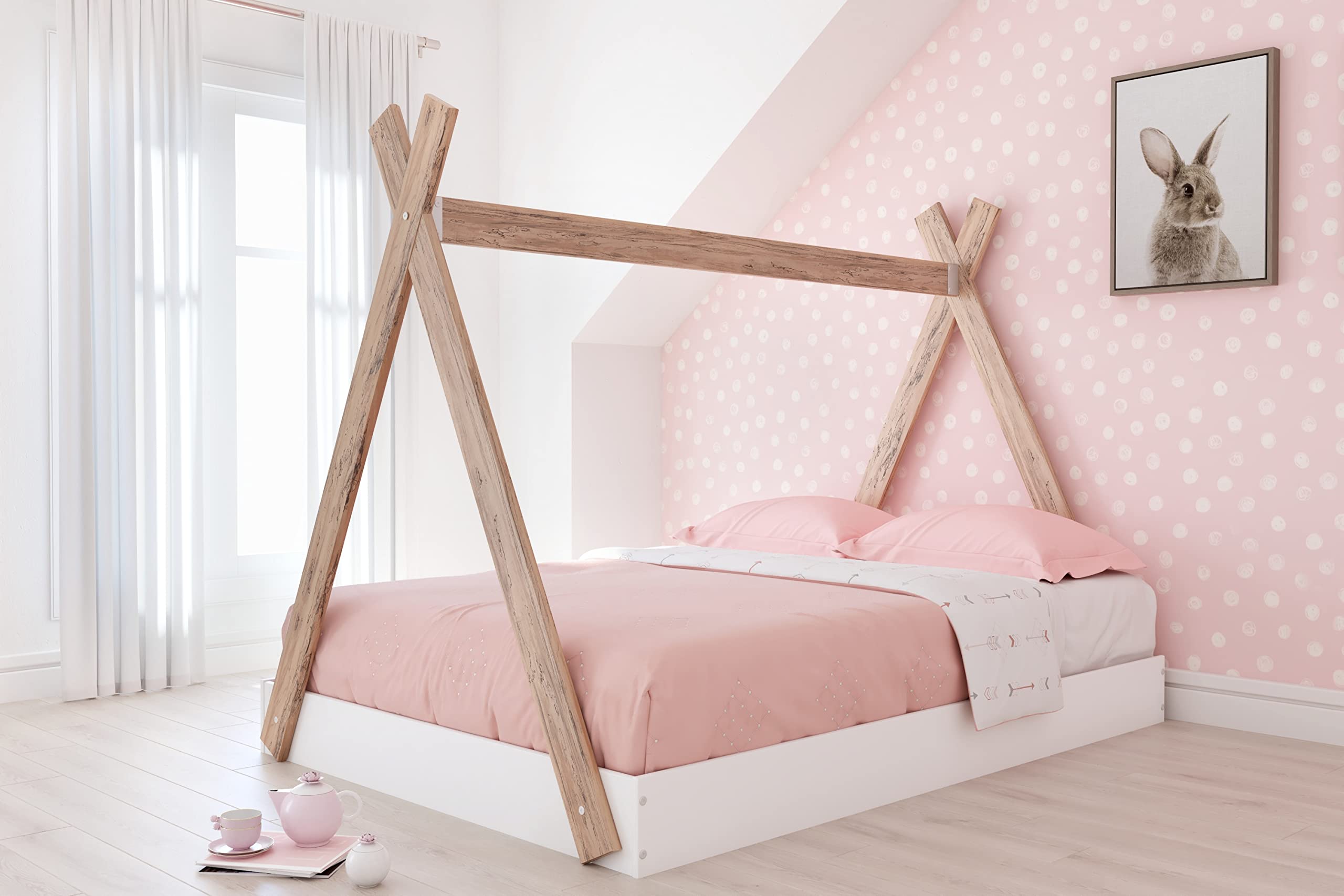 Ashley Piperton Contemporary Full Size Floor Tent Bed Frame for Kids & Toddlers - Natural Wood & White Finish - Perfect for Playrooms, Bedrooms & Sleepovers