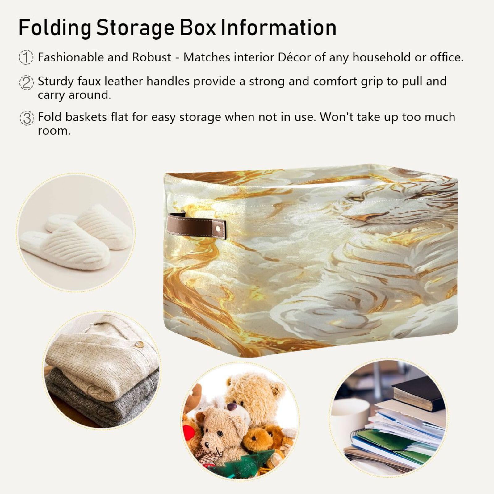 Large Foldable Storage Baskets with Handles - 2 Pack Golden Swirling White Tiger Pattern for Home Organization, Closet & Shelf Storage | Perfect for Bedroom, Bathroom & Kids Room Organization