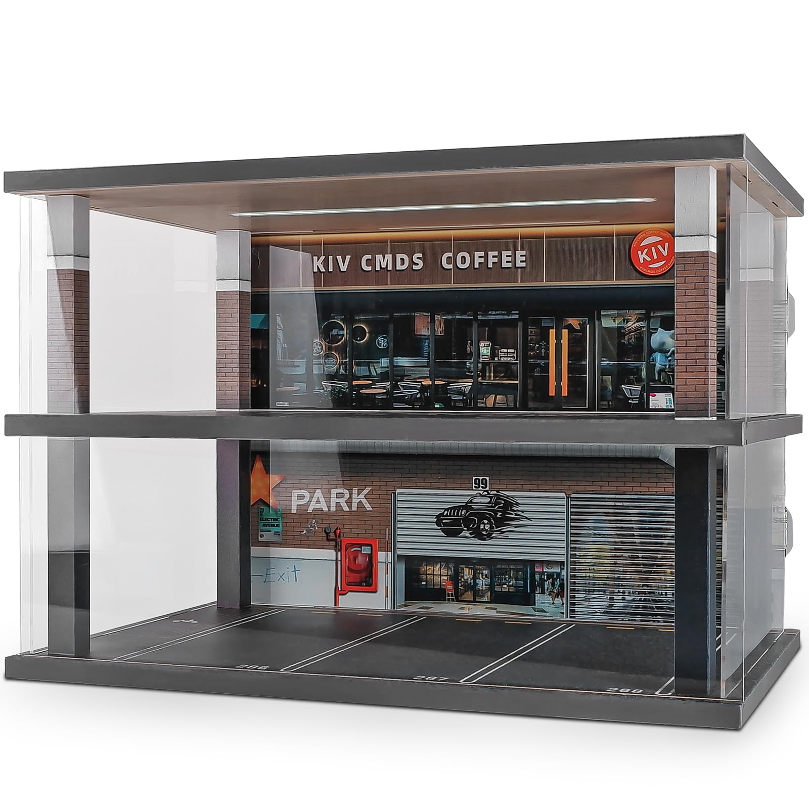 1:24 Scale Alloy Car Model Display Case with LED Light & Dust Cover - Coffee Bar Parking Lot Scene for Diecast Toy Cars, Lego & Collectibles - Perfect for Home Decoration, Gift & Showcase