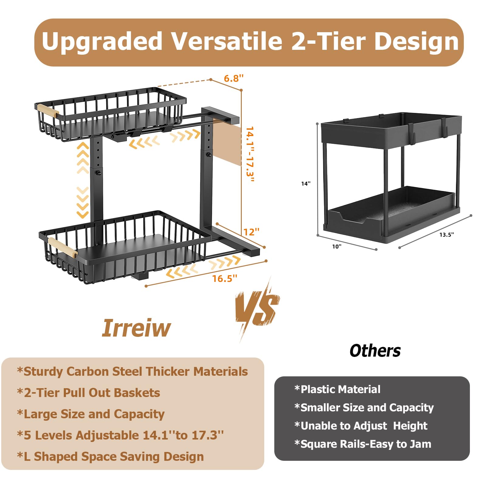 2 Pack Under Sink Organizer - Adjustable Height Metal Pull Out Cabinet Storage Shelves for Kitchen & Bathroom | Space Saving Under Sink Organizer for Cleaning Supplies, Sponges & Toiletries (Black)