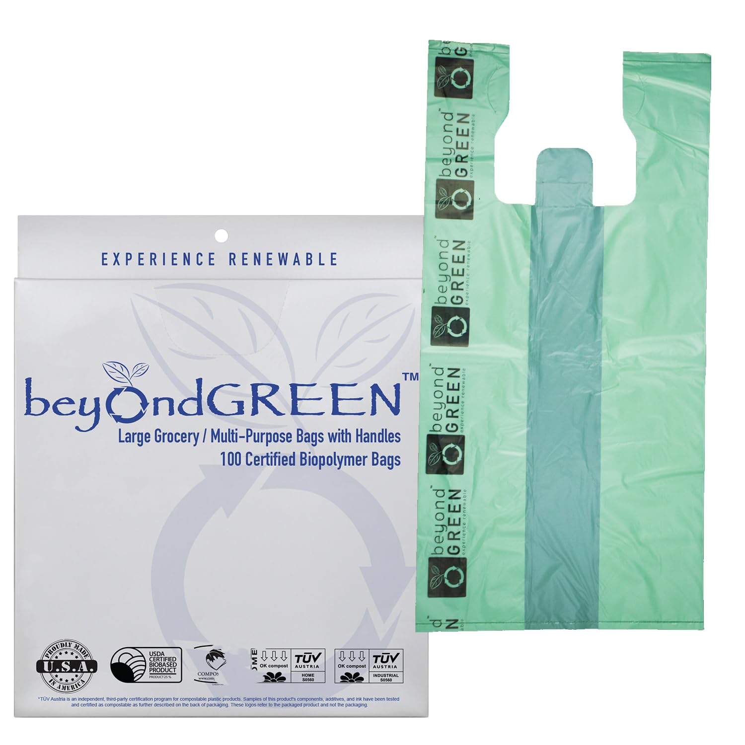 Eco-Friendly Plant-Based Large Reusable Grocery Bags with Handles - 100 Pack (10