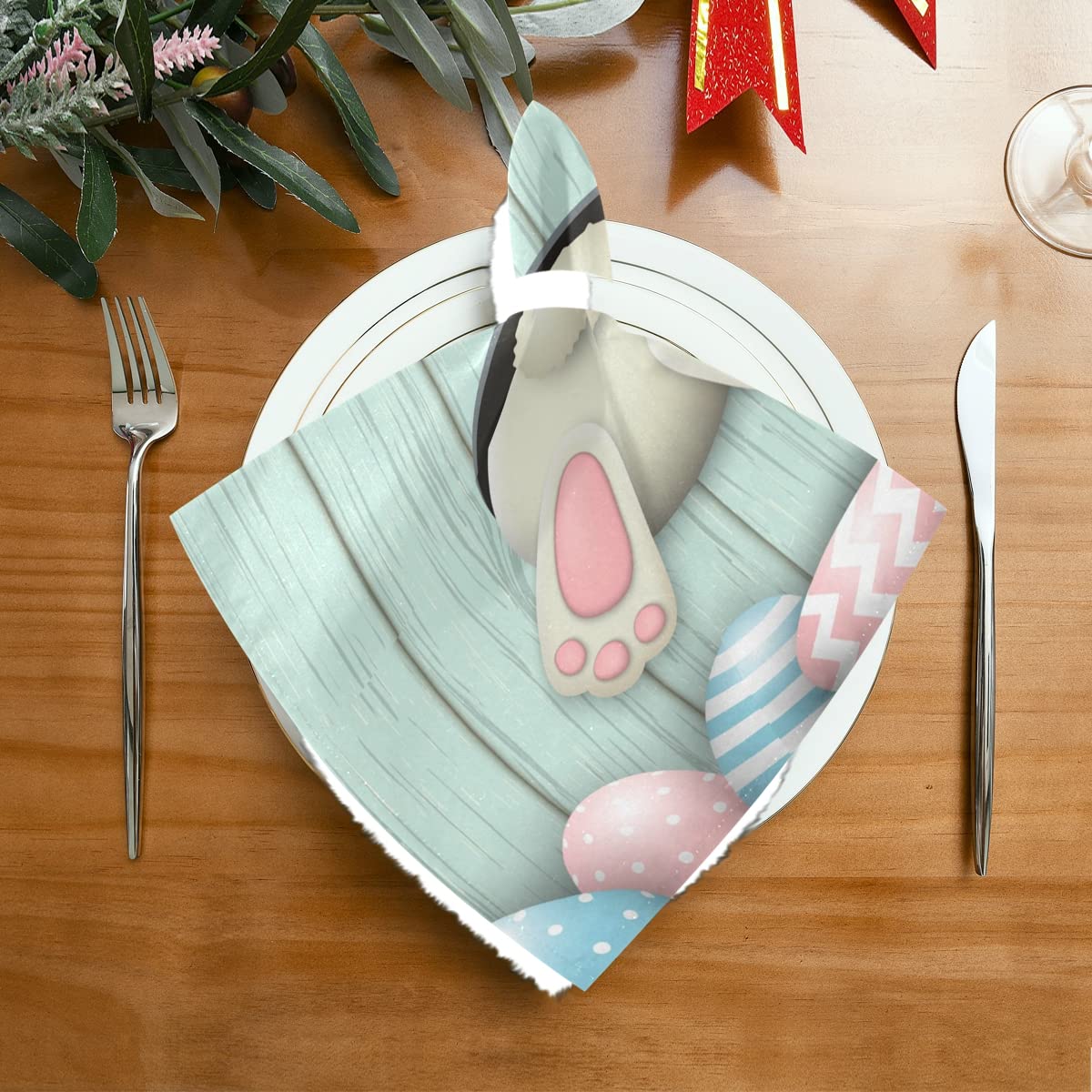 6 Pack Washable Cotton Cloth Napkins - Funny Easter Bunny Rabbit Eggs Design - 20x20 Inch Reusable Dinner Napkins for Weddings, Parties, Holidays - Perfect for Easter Decorations & Spring Table Settings