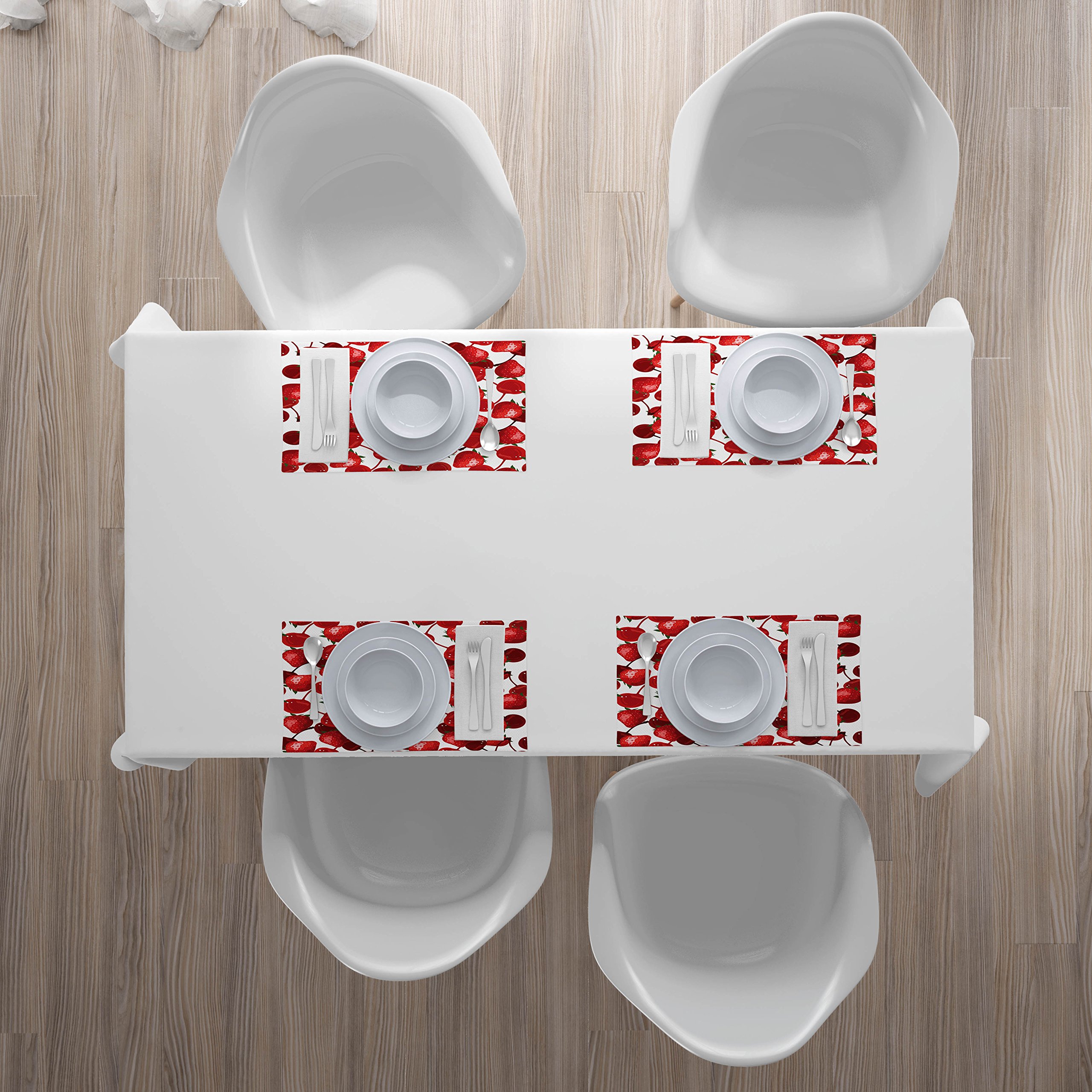 Ambesonne Summer Placemats Set of 4 - Strawberry Cherry Fruit Design Washable Fabric Table Mats for Dining Room, Kitchen, Picnic - Burgundy White & Green Standard Size Place Mats for Home Decor & Outdoor Entertaining